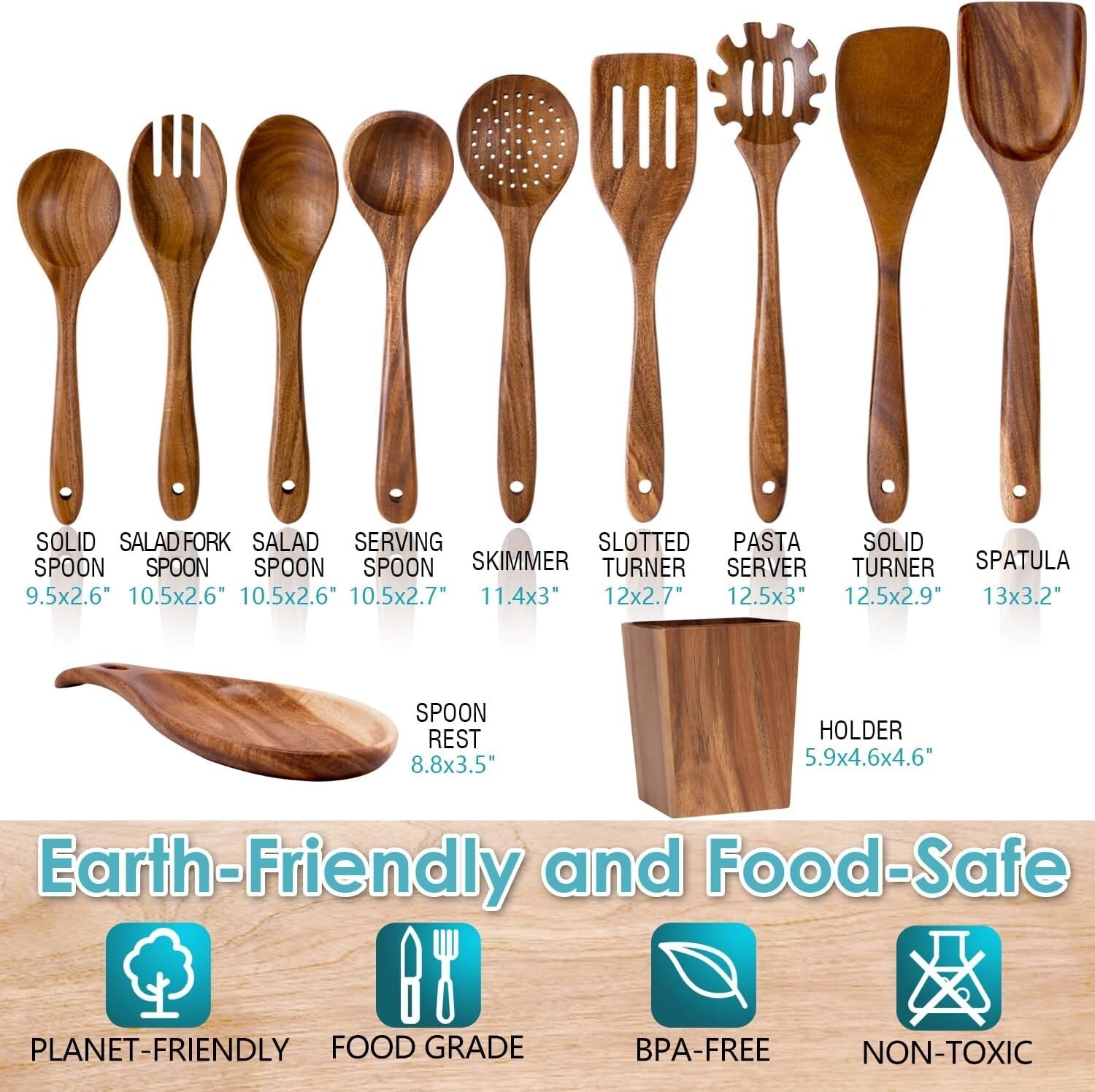 Luxurious Acacia Wood 11-Piece Kitchen Utensils Set - Lightweight & Durable