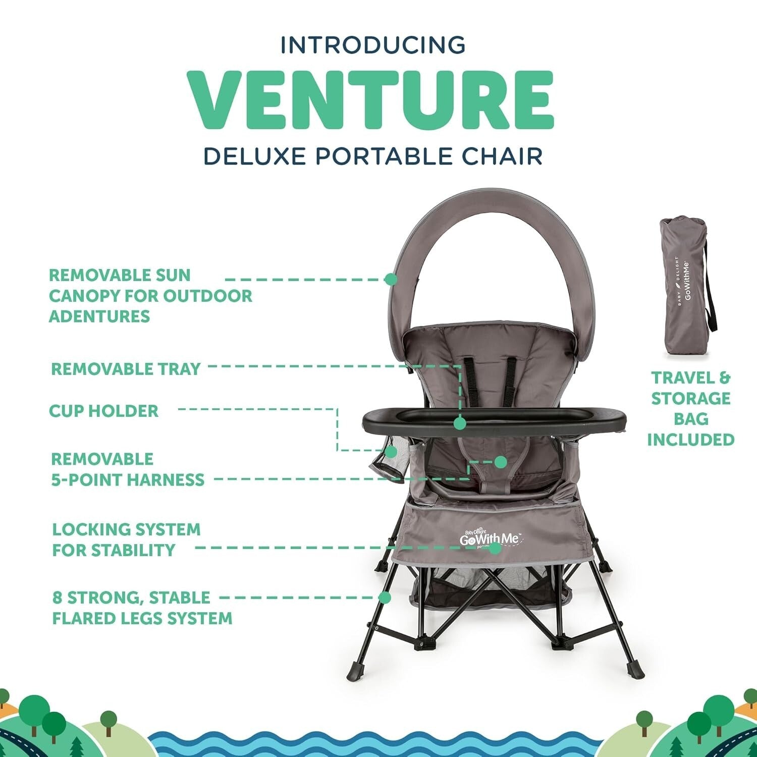 Go with Me Venture Portable Toddler Chair with Sun Canopy & Snack Tray - Grey
