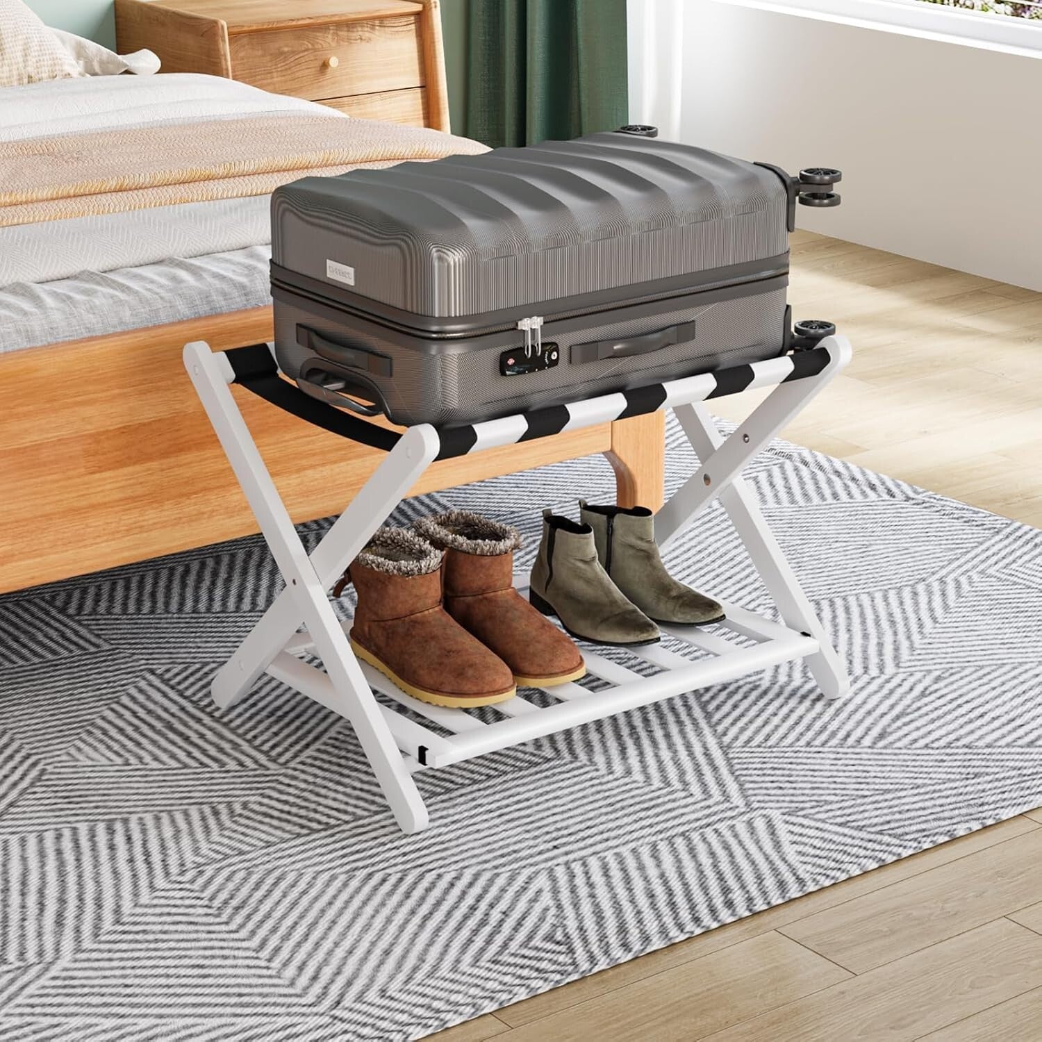 Elegantly Foldable Bamboo Luggage Rack with Upgraded 5 Nylon Straps, 1 Pc