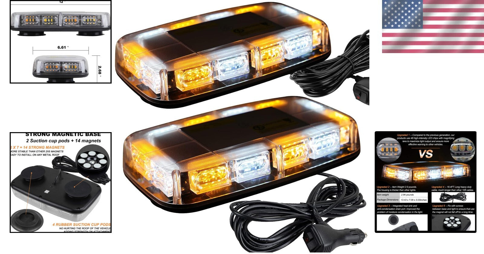 2pcs Waterproof LED Strobe Lights with Magnetic Base for Trucks and Snow Plows
