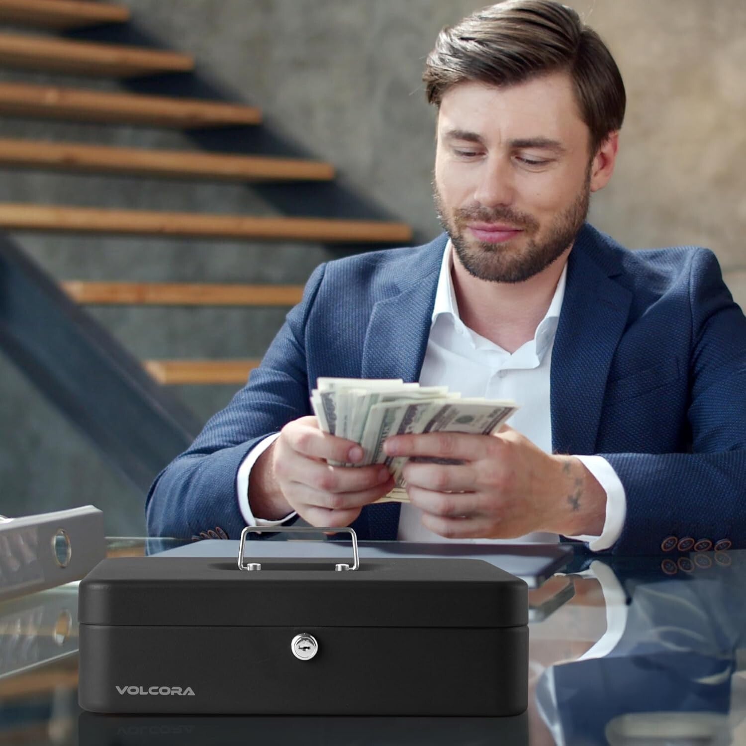 Large Metal Cash Safe with Key Lock and Tray for Yard Sales & Small Business