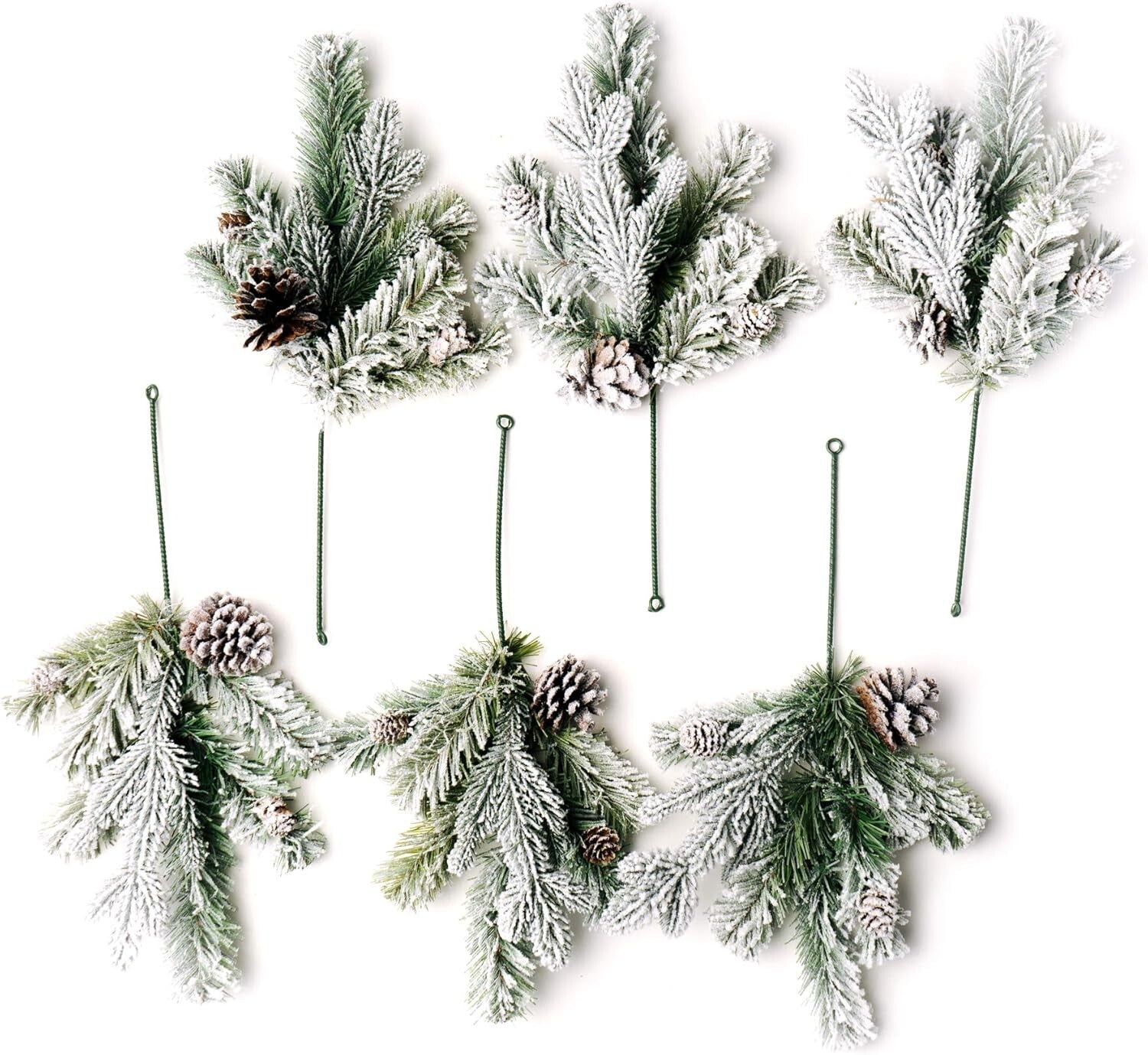 16-Inch Snow-Flocked Pine Picks with Pine Cones - Set of 6 for Christmas Cheer