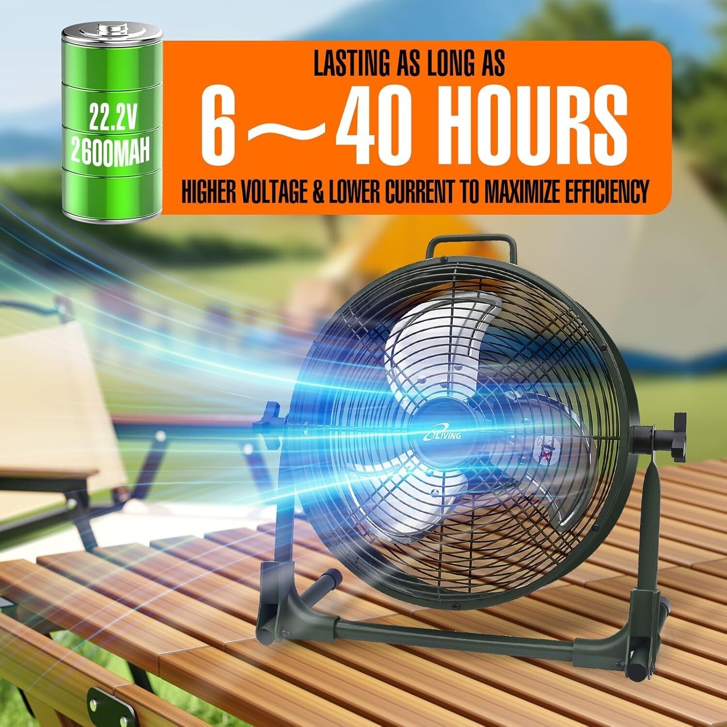 Portable Camping Floor Fan - Rechargeable 12-Inch Metal Blade High Velocity Fan
