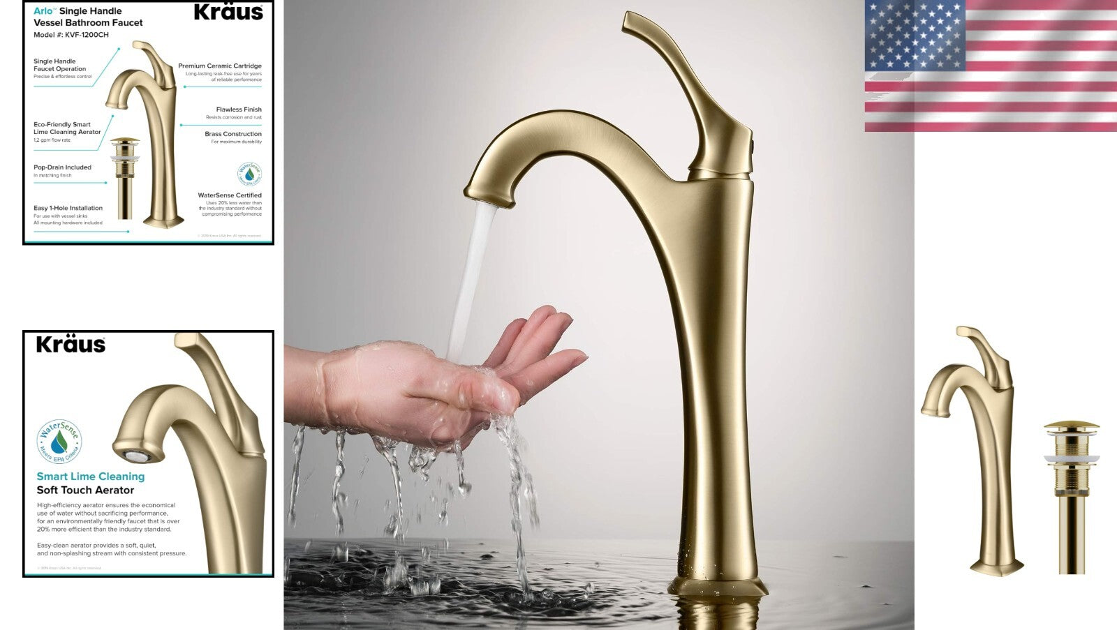 Elegant Brushed Gold Tall Vessel Bathroom Faucet with Pop-Up Drain Included