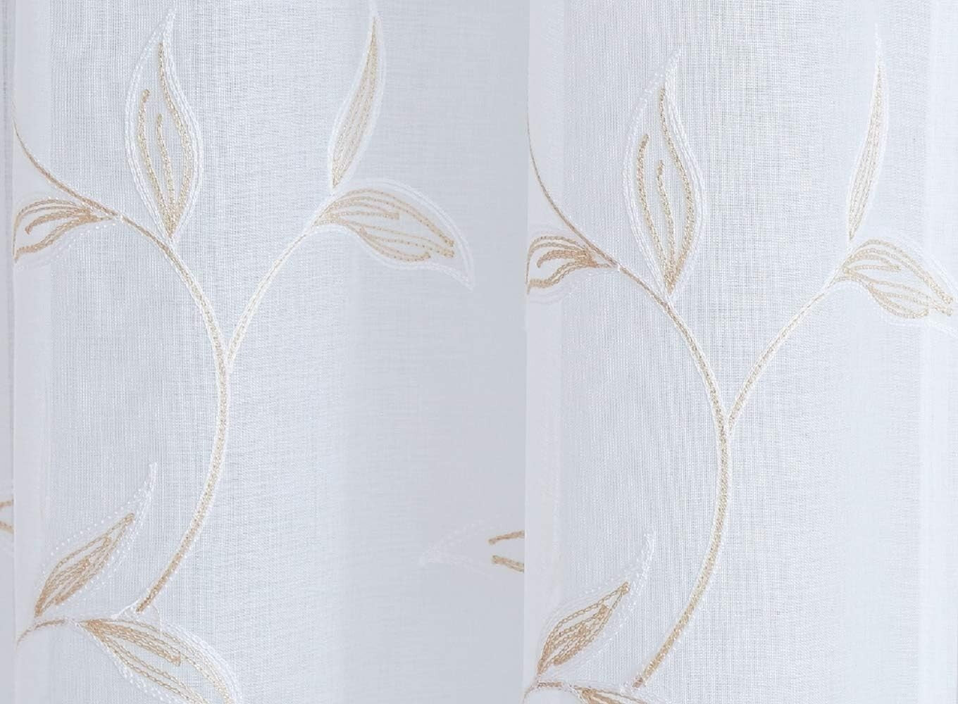 Elegant Sheer White Faux-Linen Curtains with Leaf Embroidery, 54" x 84"