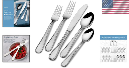 Elegant 65-Piece Bravo Silverware Set - Stain Resistant, Dishwasher Safe Design
