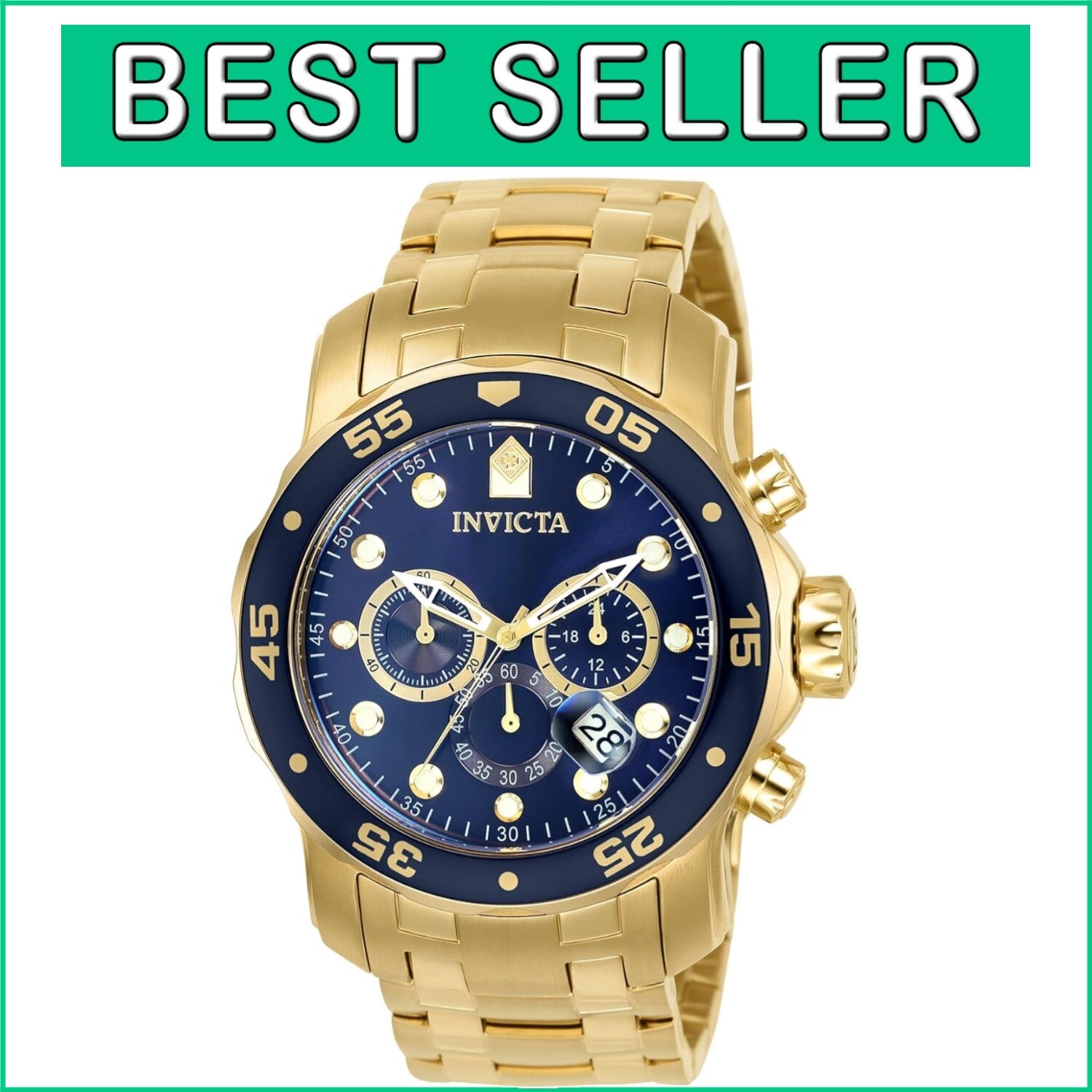200m Water Resistant Diver's Chronograph Watch with Blue Dial & Gold Tone Band