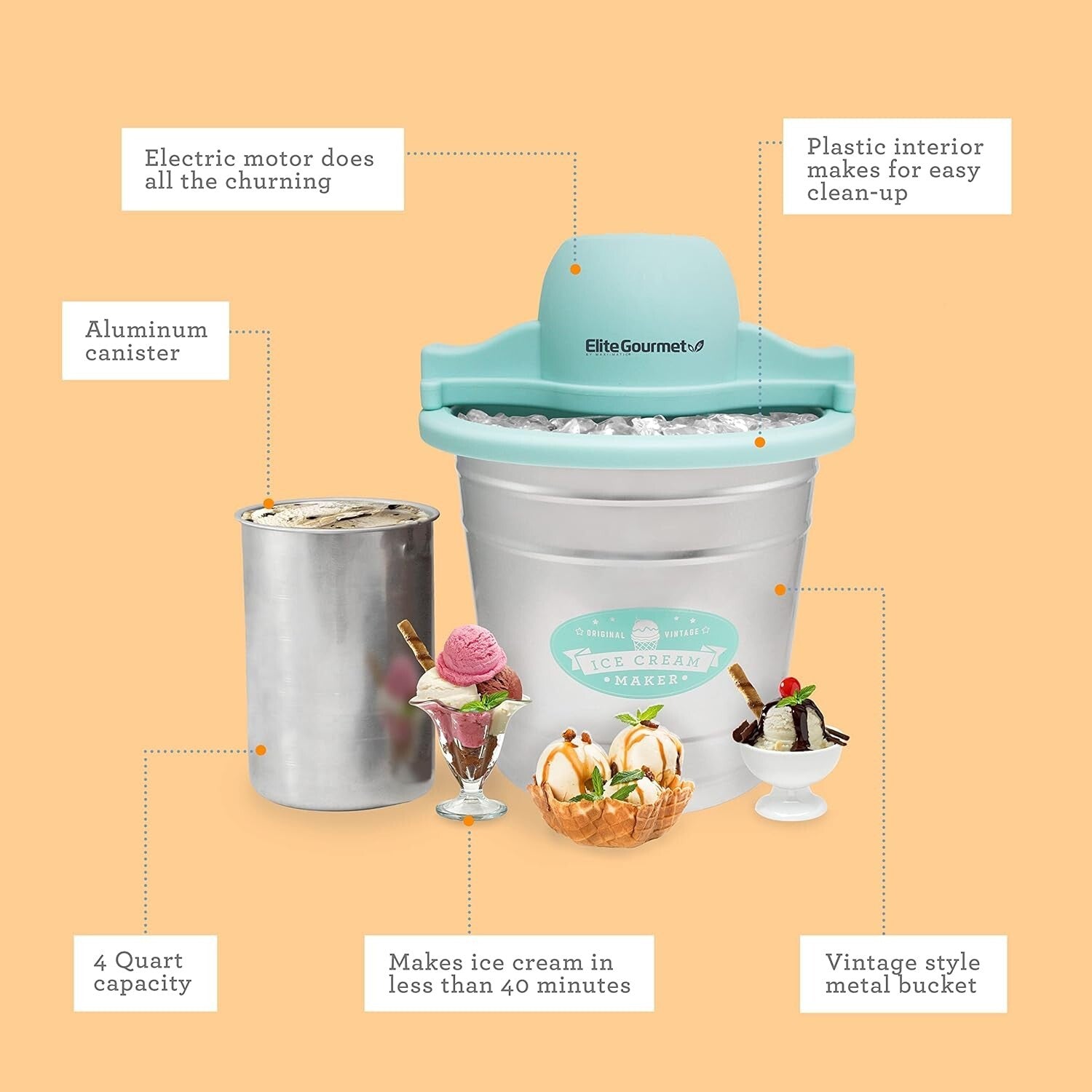 Mint 4 Quart Electric Ice Cream Maker - Create Gelato and Frozen Yogurt