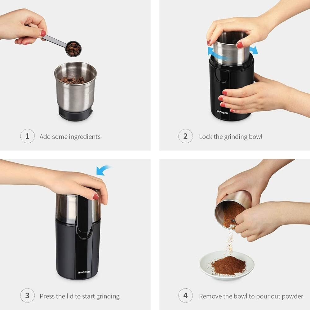 Versatile Electric Coffee & Spice Grinder with 2 Removable Stainless Steel Bowls