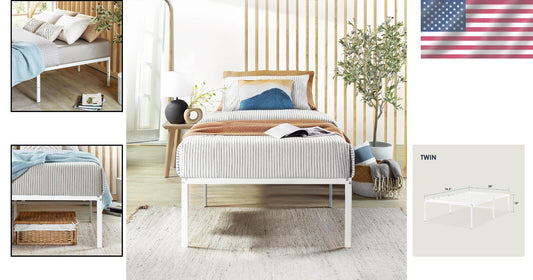 Elegant 18-Inch White Metal Platform Bed Frame with Steel Slats - Twin Size