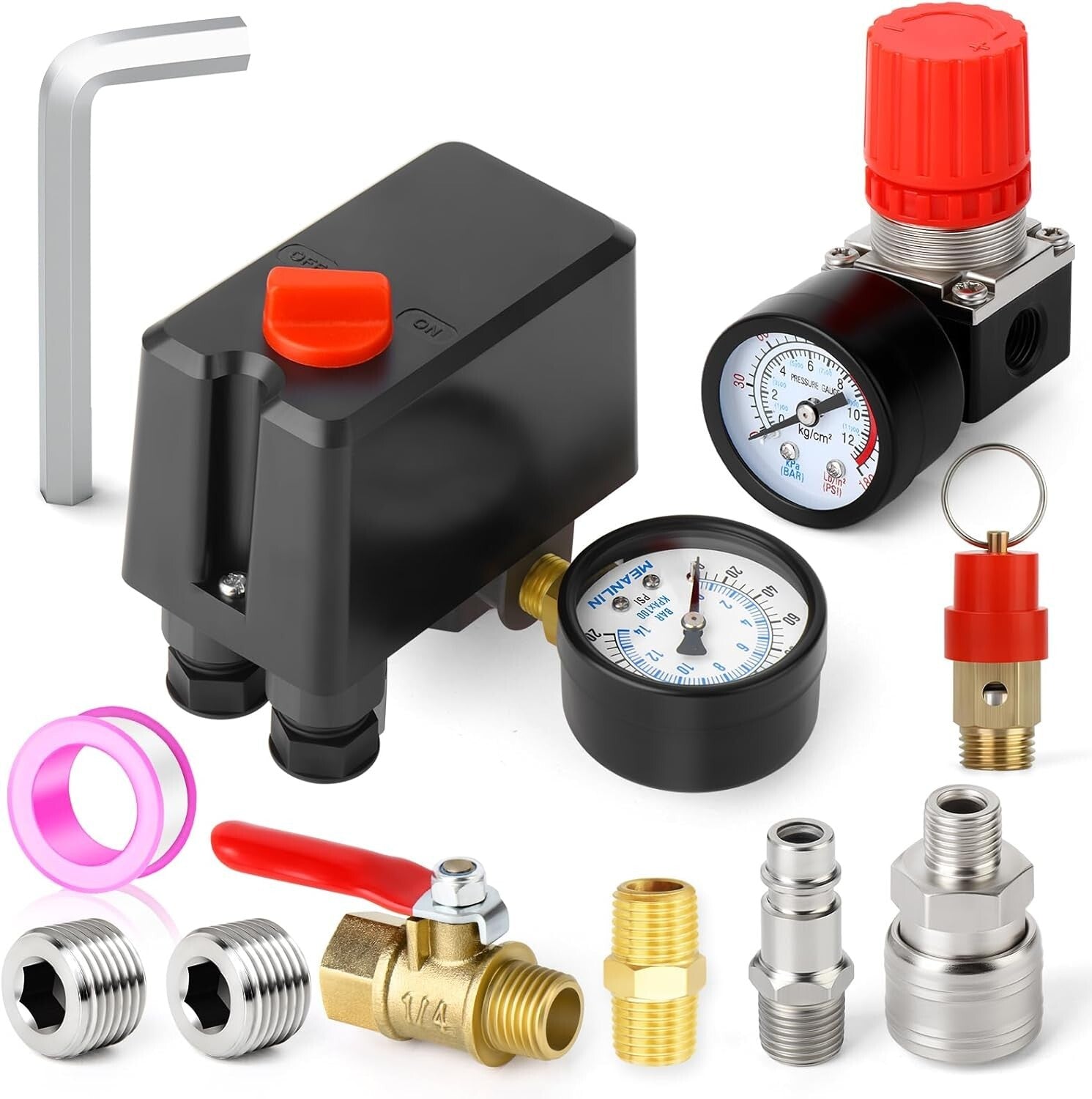 4-Way Pneumatic Air Compressor Pressure Switch with Safety Relief Valve Included