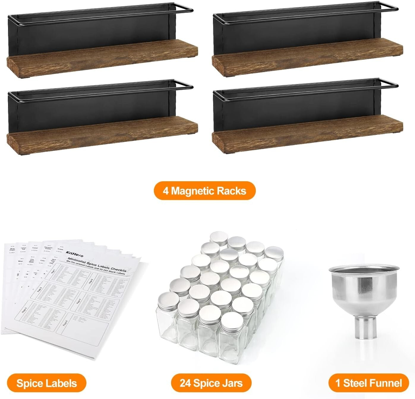 Polished Magnetic Spice Rack Set with 24 Glass Jars and Funnel - Modern Storage