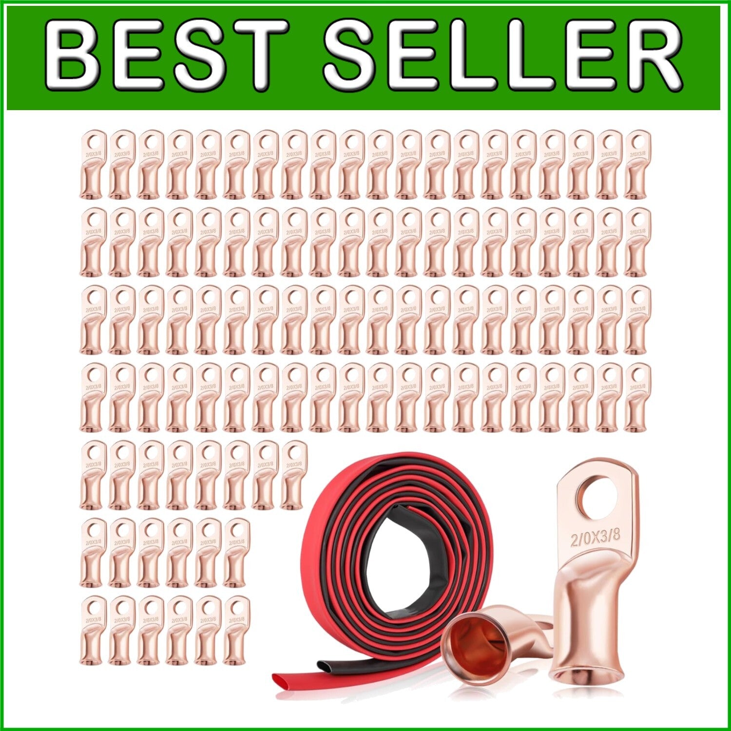 100PCS 2/0 AWG Ring Terminals with Heat Shrink Tubing for Heavy-Duty Connections