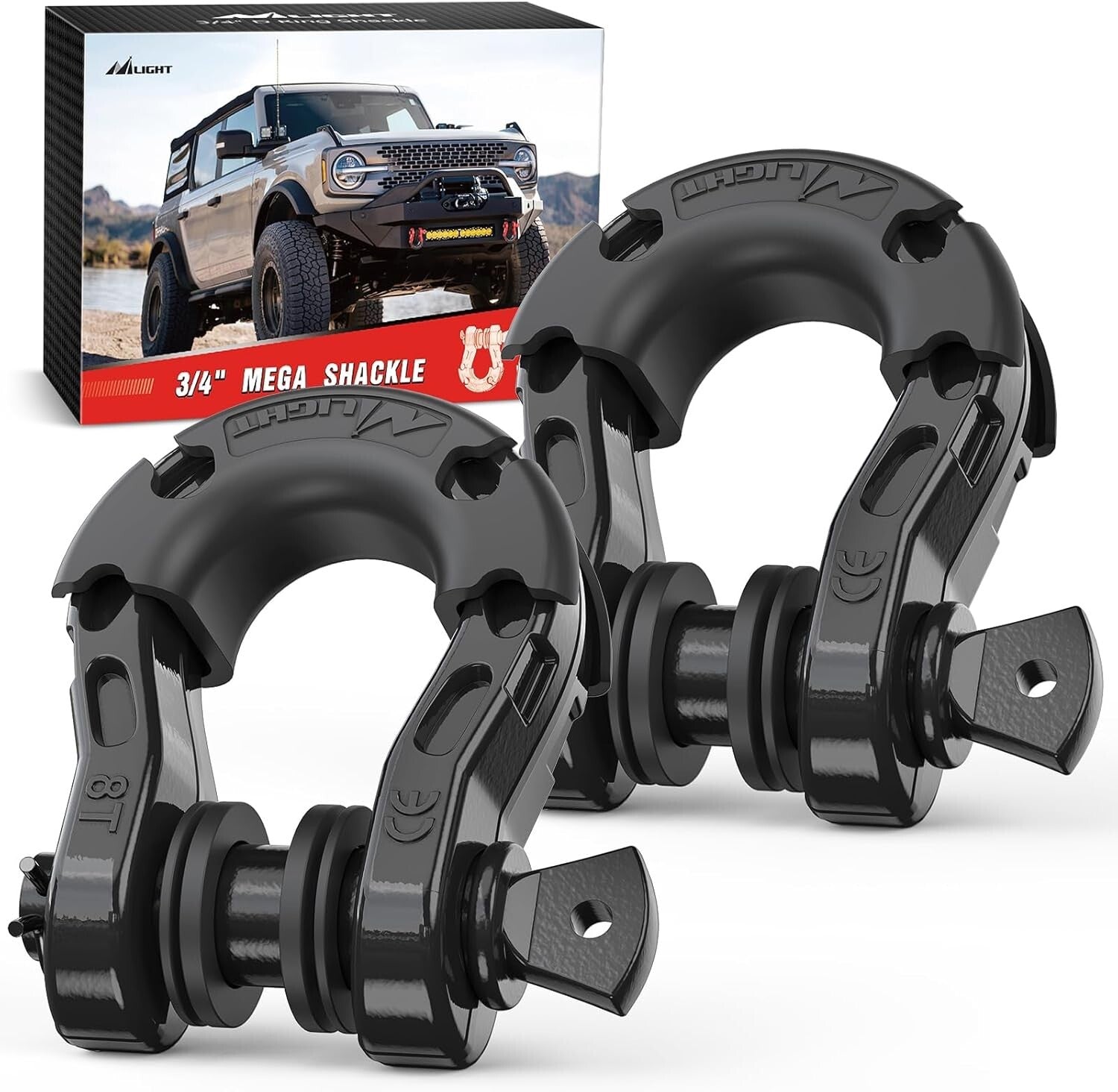 Off-Road Recovery Shackles - 2 Pack Mega D-Ring with Isolator for Safe Towing