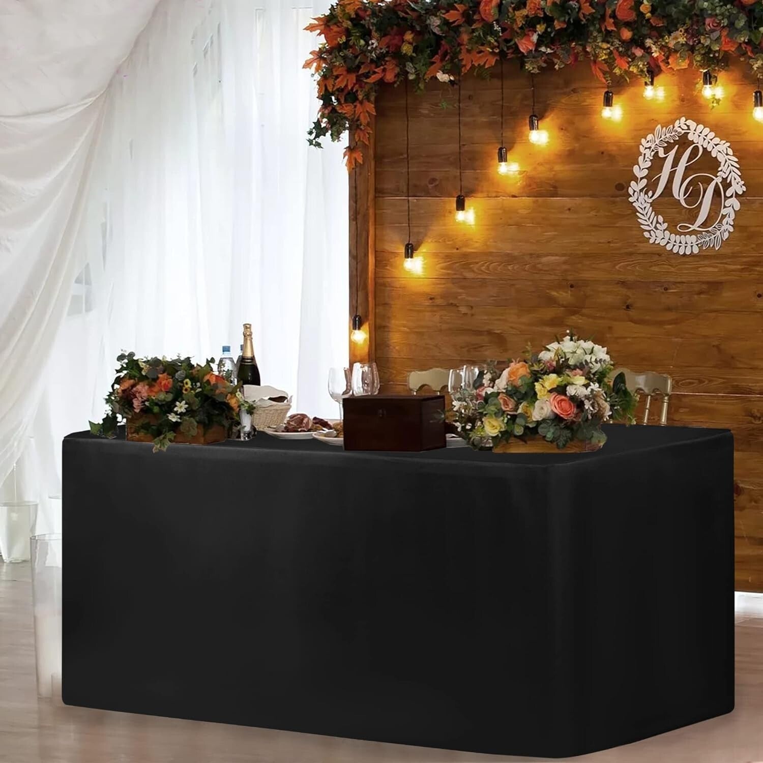 Elegant Black Fitted Table Covers - 4 Pack for Weddings, Buffets & Banquets