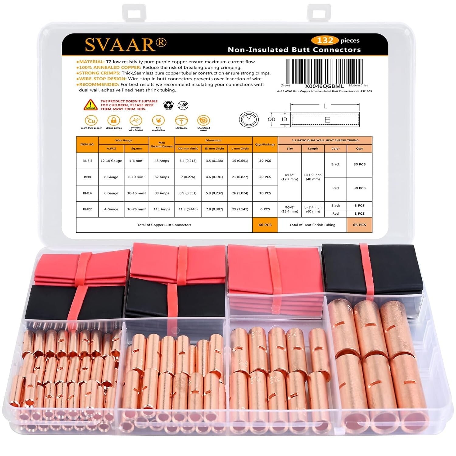 Versatile 132 PCS Non-Insulated Butt Splice Connectors - Crimp & Solder Options