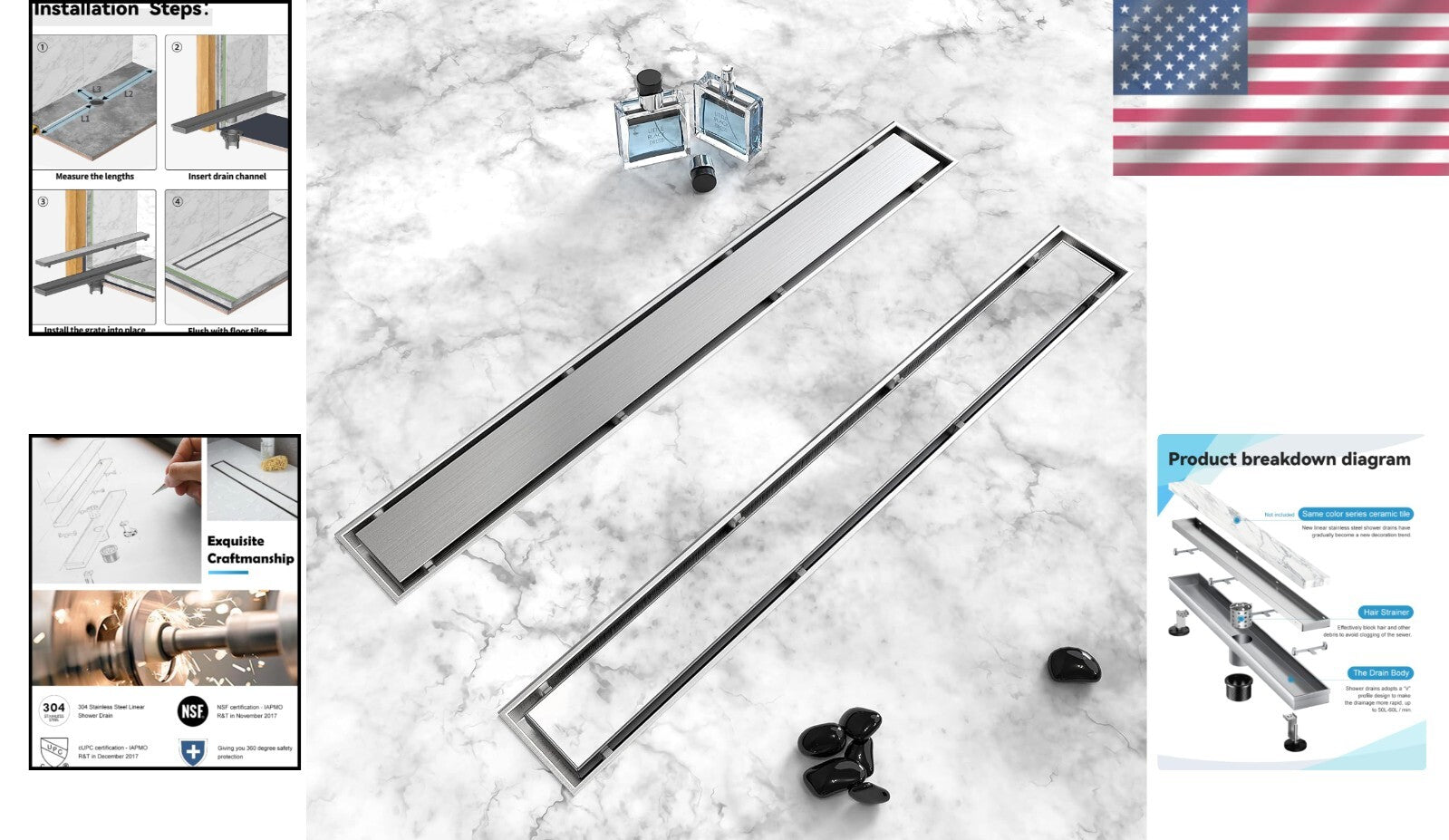 304 Stainless Steel Shower Drain with Adjustable Feet and Hair Strainer, 18 Inch