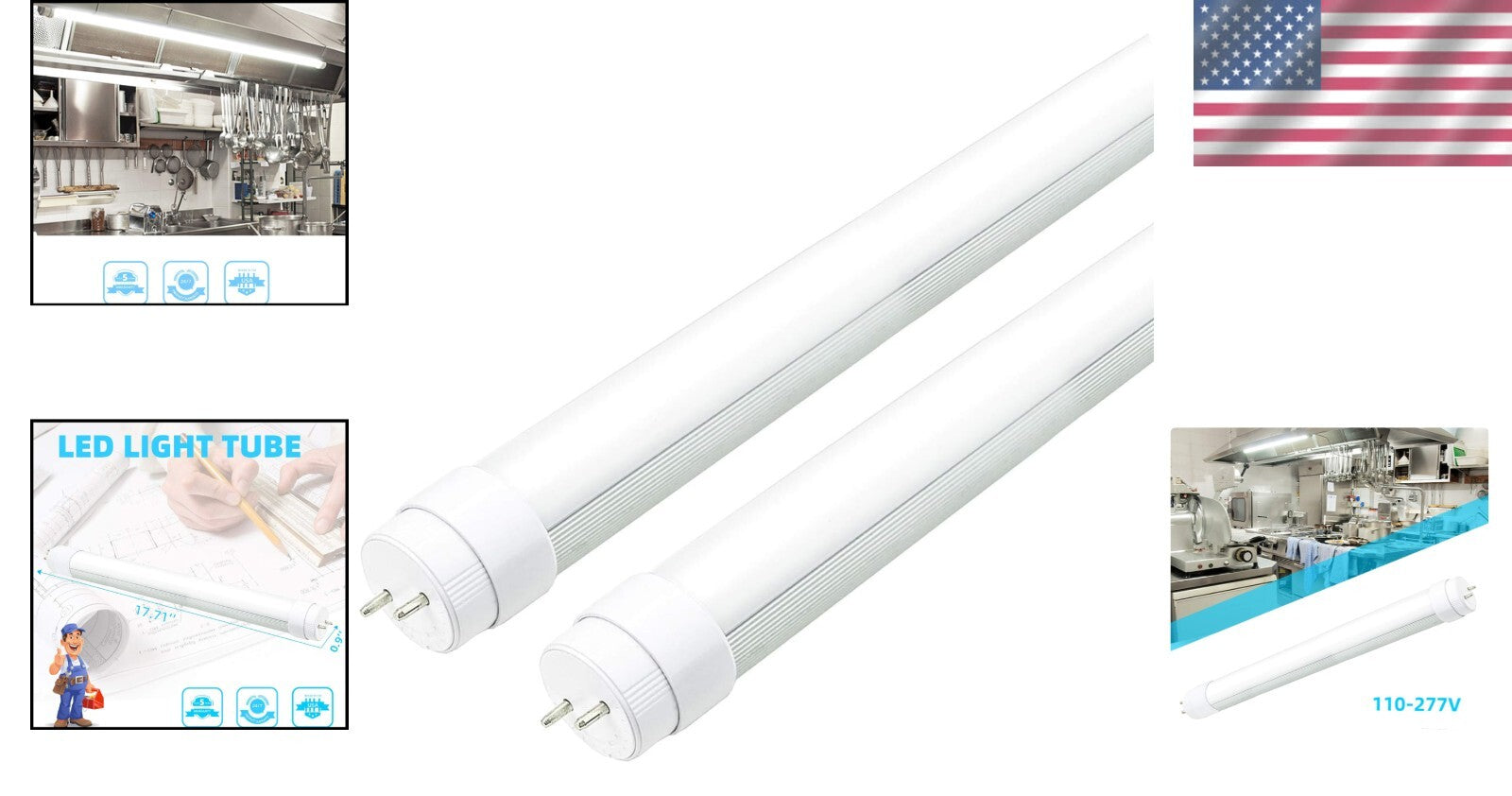 Double-End Input T8 LED Tube Light - 5000K Bright Daylight, 2-Pack, Easy Install