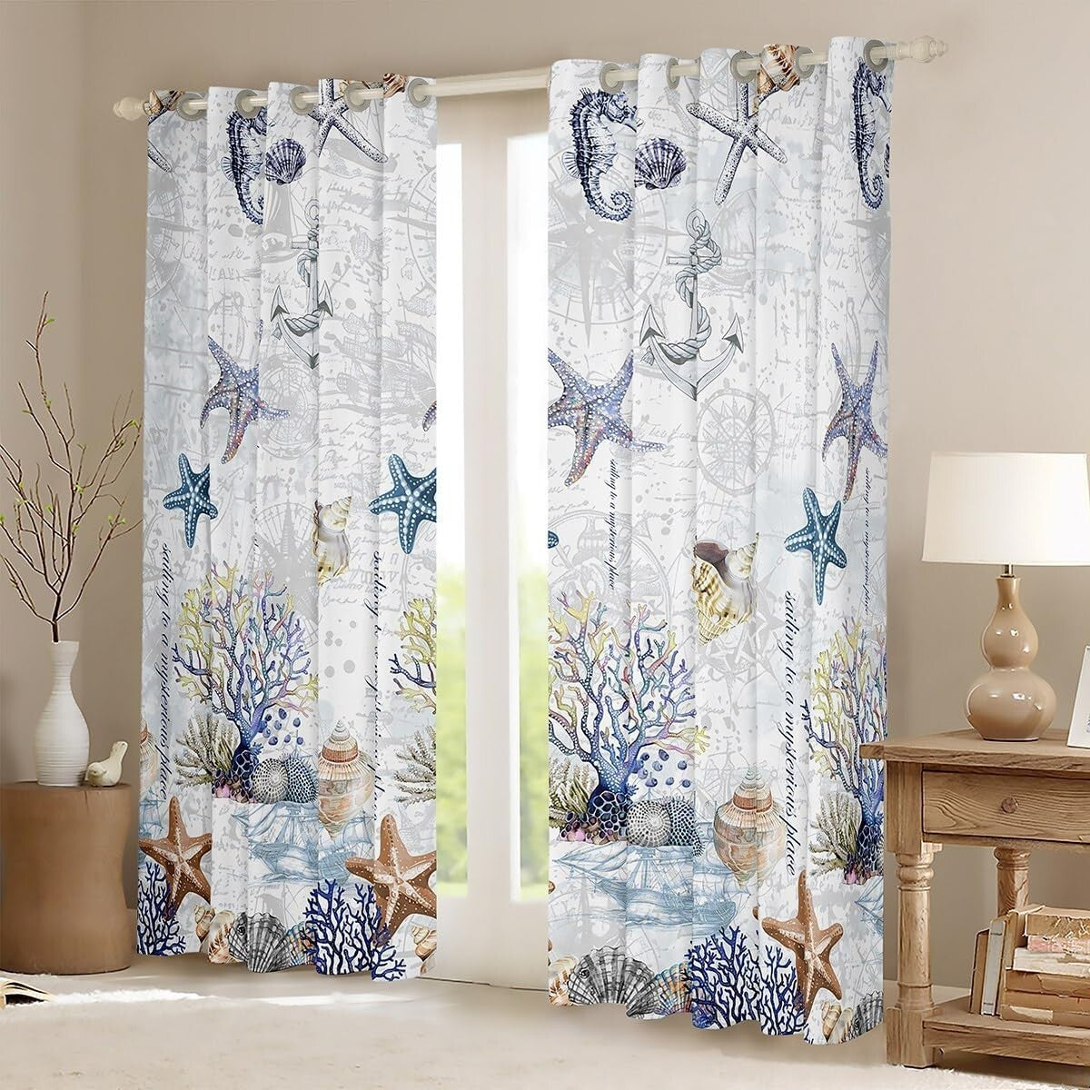 Playful Marine Curtains Set, Blackout Function in Starfish Design, 52x96 Inches
