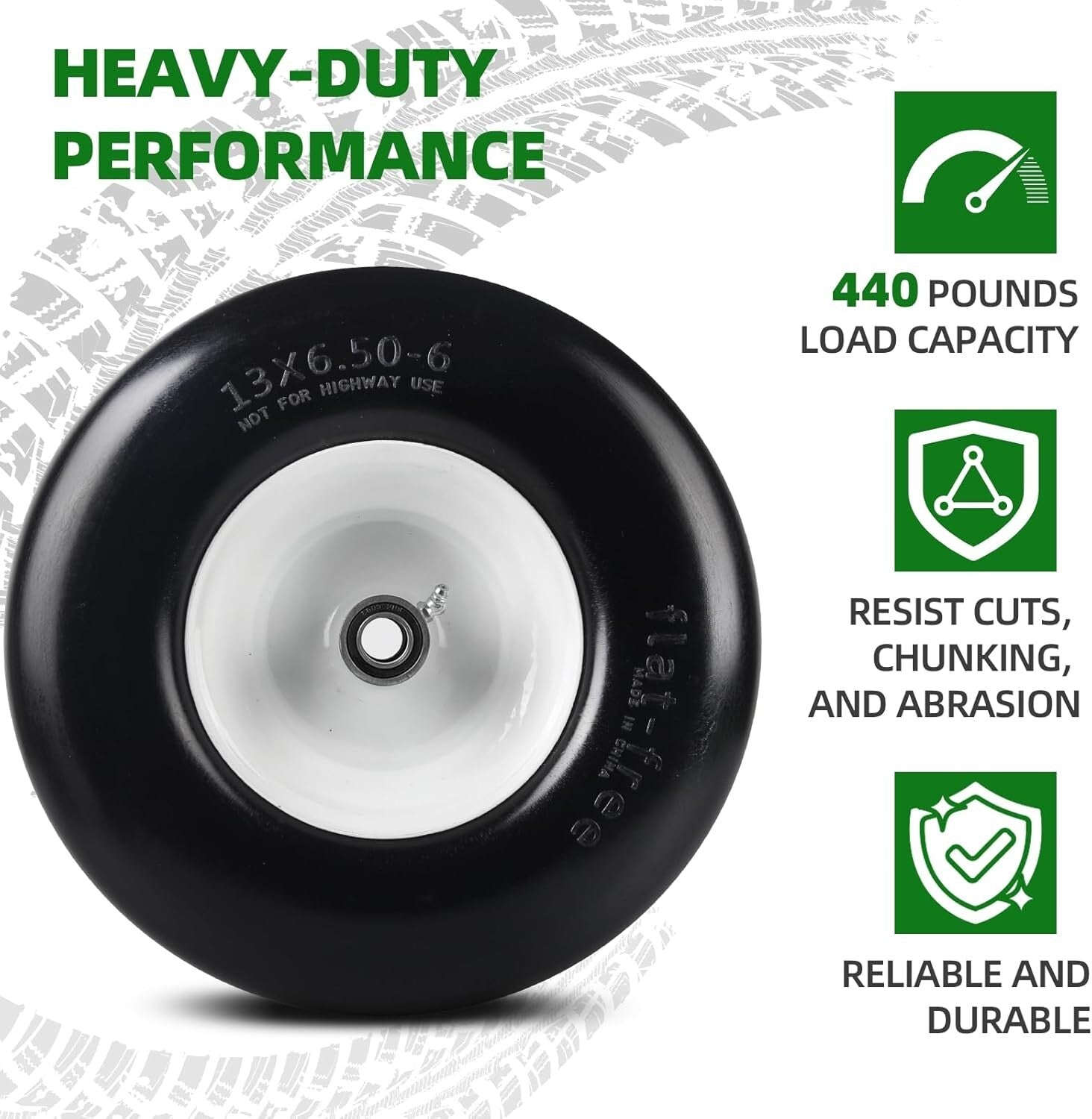 2-Pack Lawn Mower Tires - 13" Flat-Free Rubber with Rim for Smooth Turf Treads