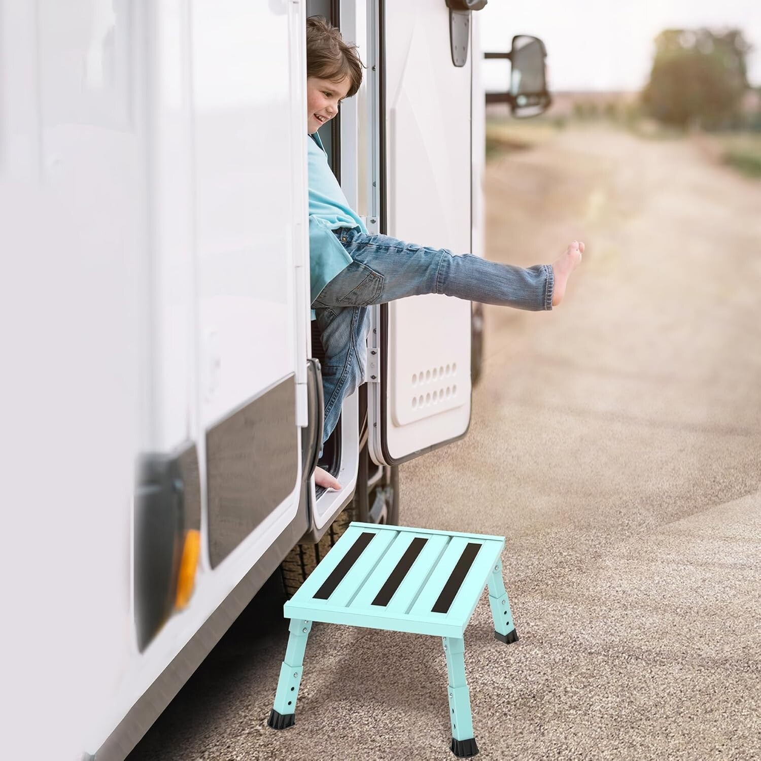 Adjustable Height Aluminum RV Step Stool - Supports 1,000 lbs, Foldable & Safe