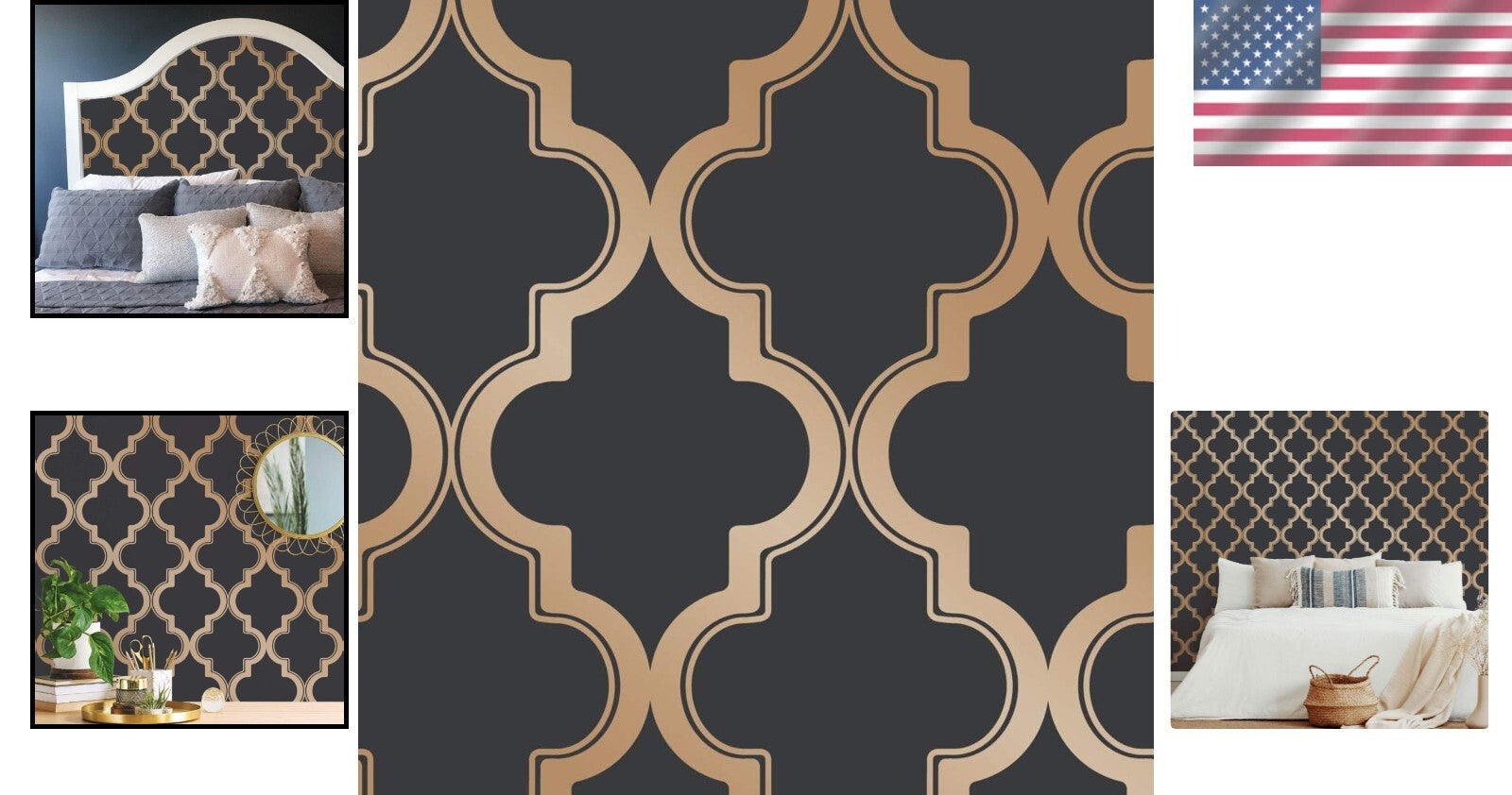 Midnight & Metallic Gold Removable Peel and Stick Trellis Wallpaper, 20.5"x16...