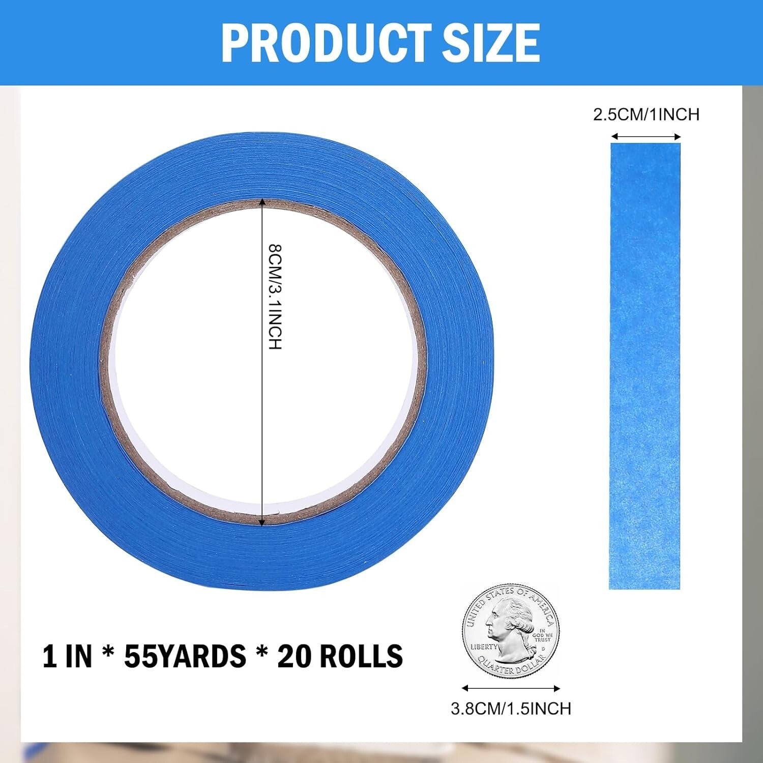 Bulk Blue Painters Tape - 1 Inch Wide, 55 Yards x 20 Rolls for Multiple Projects