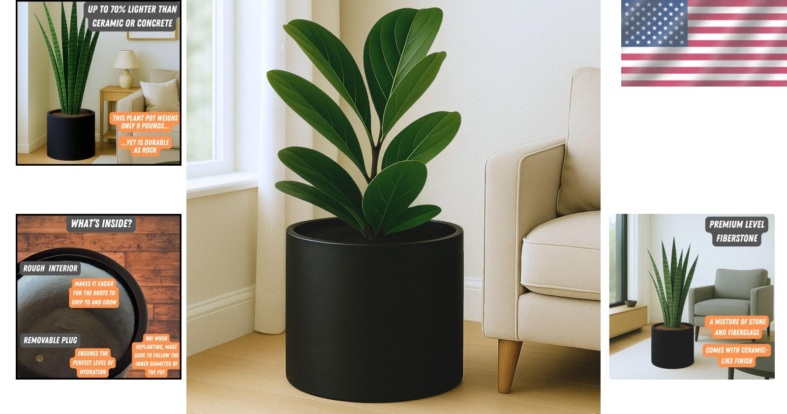 14.6 Inch XL Matte Black Fiberstone Planter with Drainage for Indoor/Outdoor