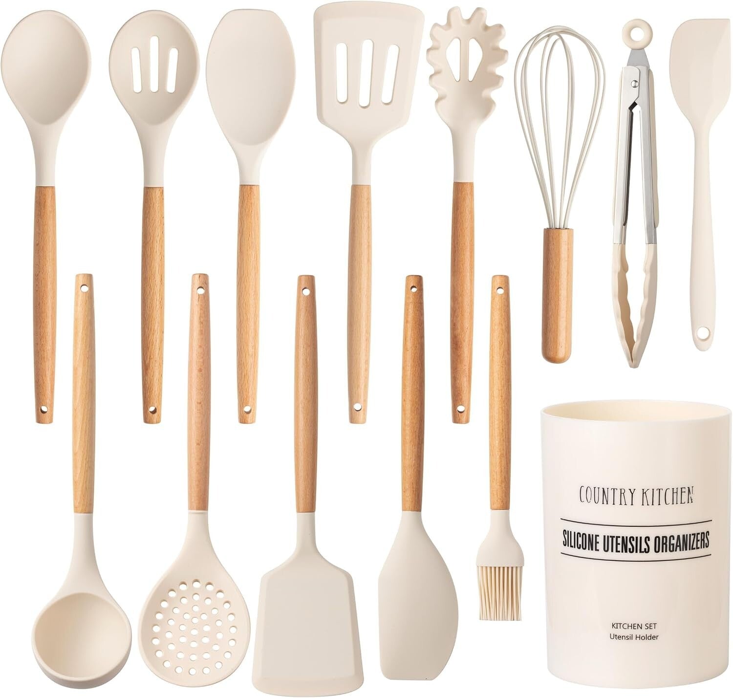 Elegant 14-Piece Silicone Utensil Set with Heat-Resistant Wooden Handles - Khaki