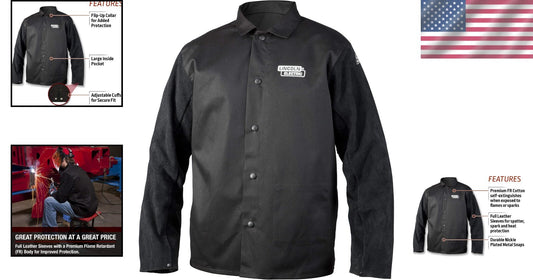 Durable Unisex Leather Sleeved Welding Jacket - X-Large Black Flame-Resistant