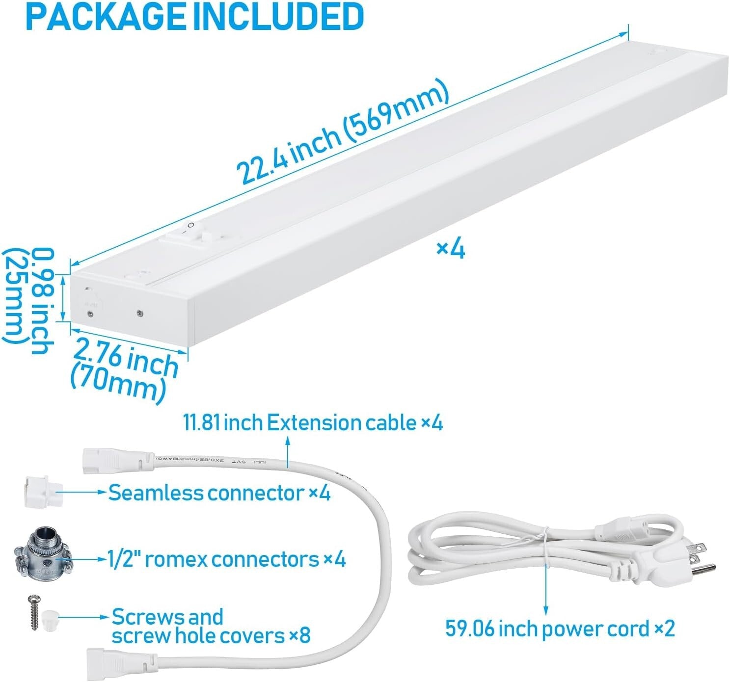 ETL Listed LED Under Cabinet Lighting - 22" 3CCT Dimmable Kitchen Lights, 4 Pack