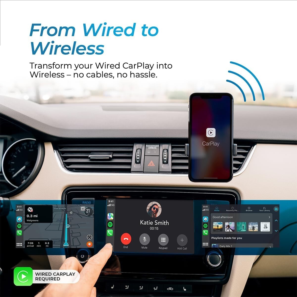 Fast Wireless CarPlay Dongle – Easy Bluetooth Setup with USB-A and USB-C Cables