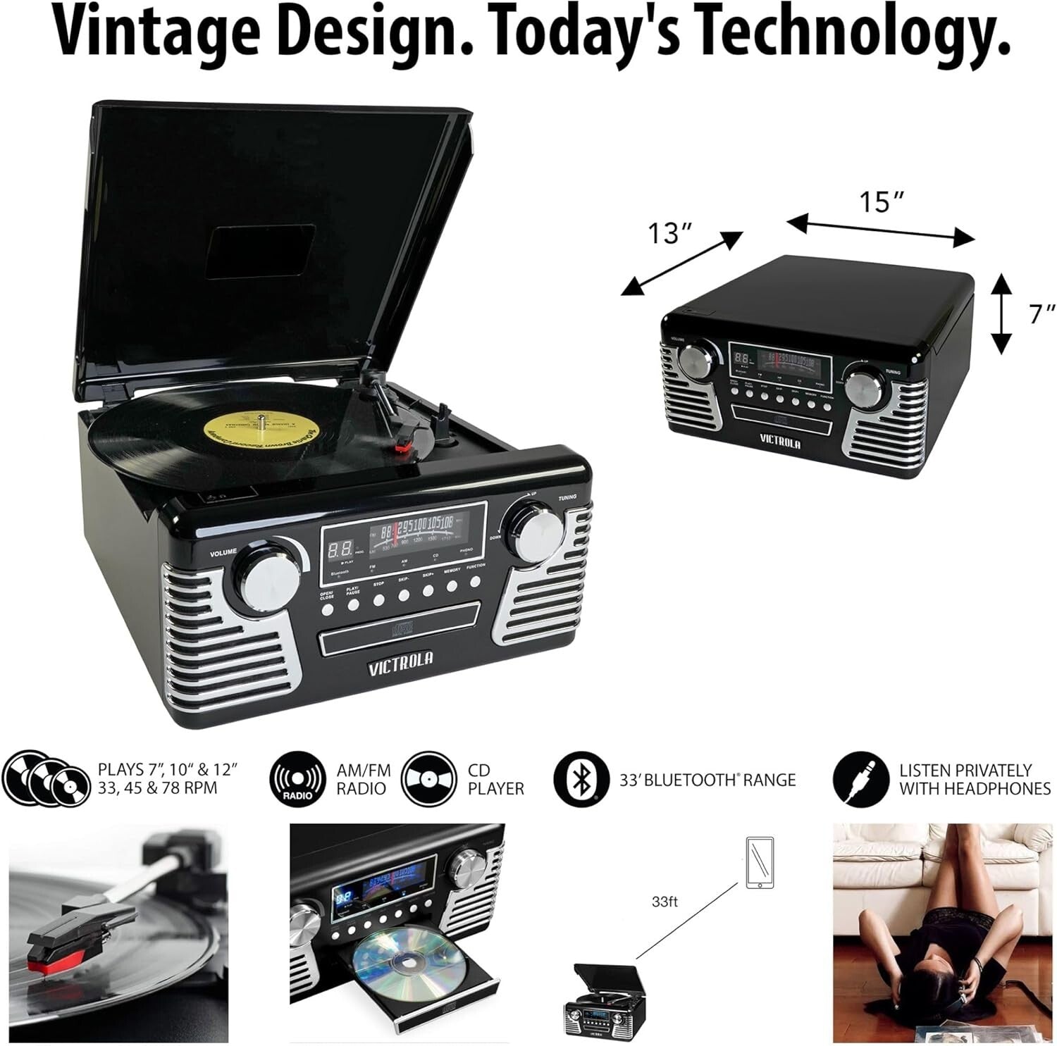 All-in-One Bluetooth Retro Turntable with CD Player & Built-In Speakers