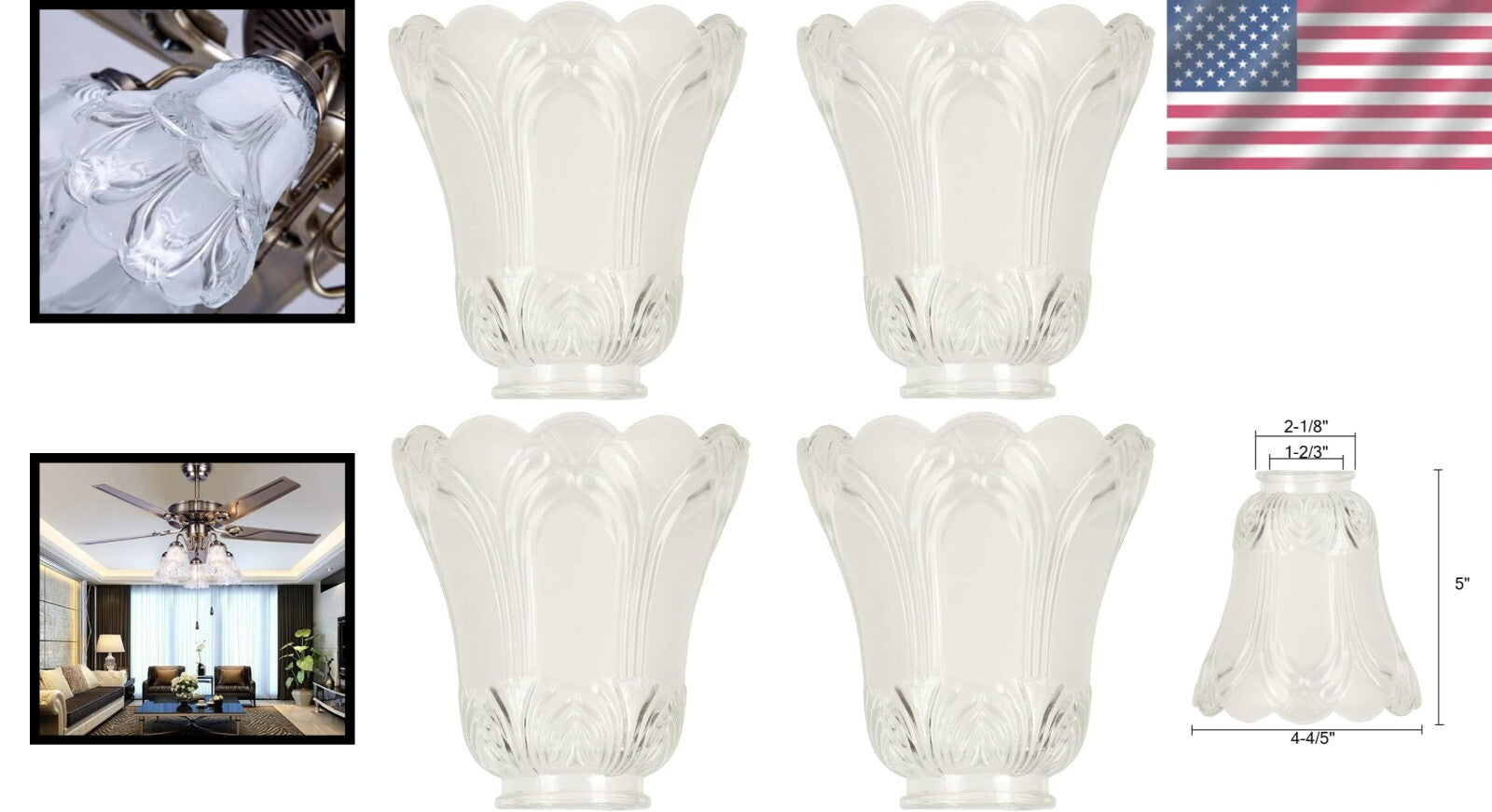 Clear & Frosted Glass Ceiling Fan Light Covers - Pack of 4, Transitional Style