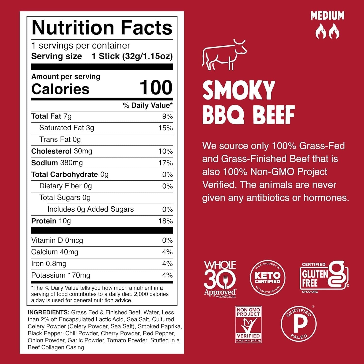 High-Protein Grass-Fed Beef Jerky Snack Sticks - Bold Smoky BBQ Flavor, 24-Pack