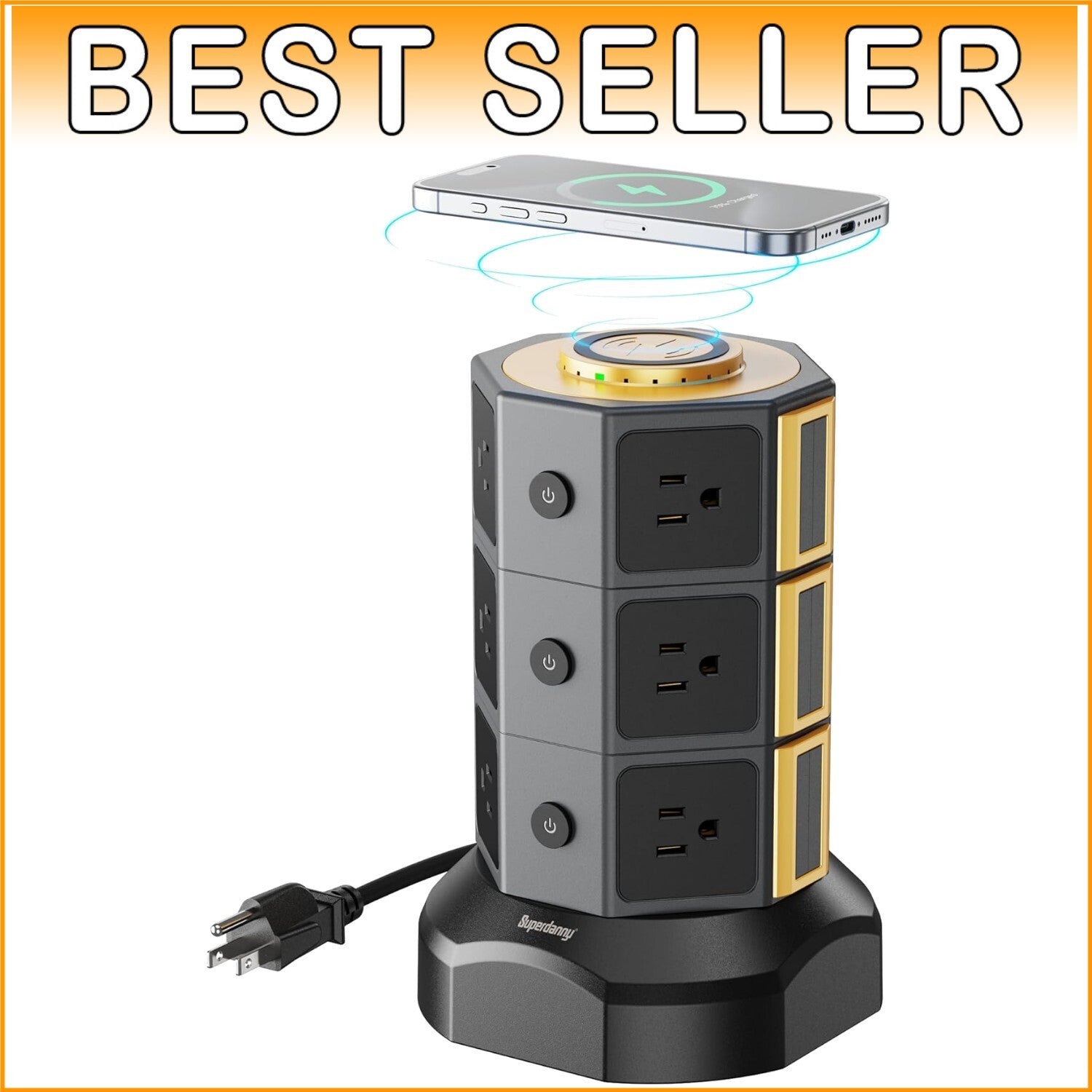 Elegant Surge Protector Tower with 15W Wireless Charger & 12 AC Outlets in Gold