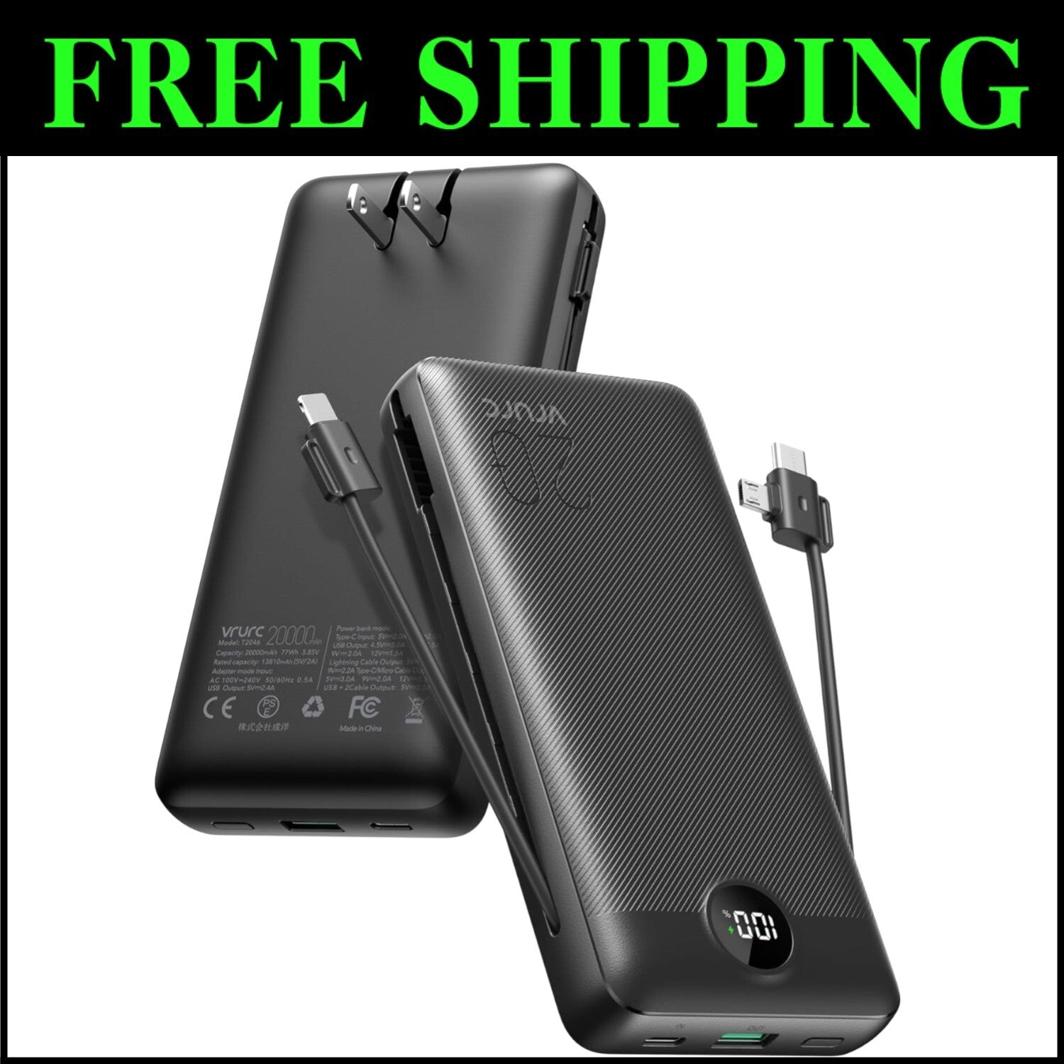 20000mAh Fast Charging Power Bank with Built-In Wall Plug & LED Display