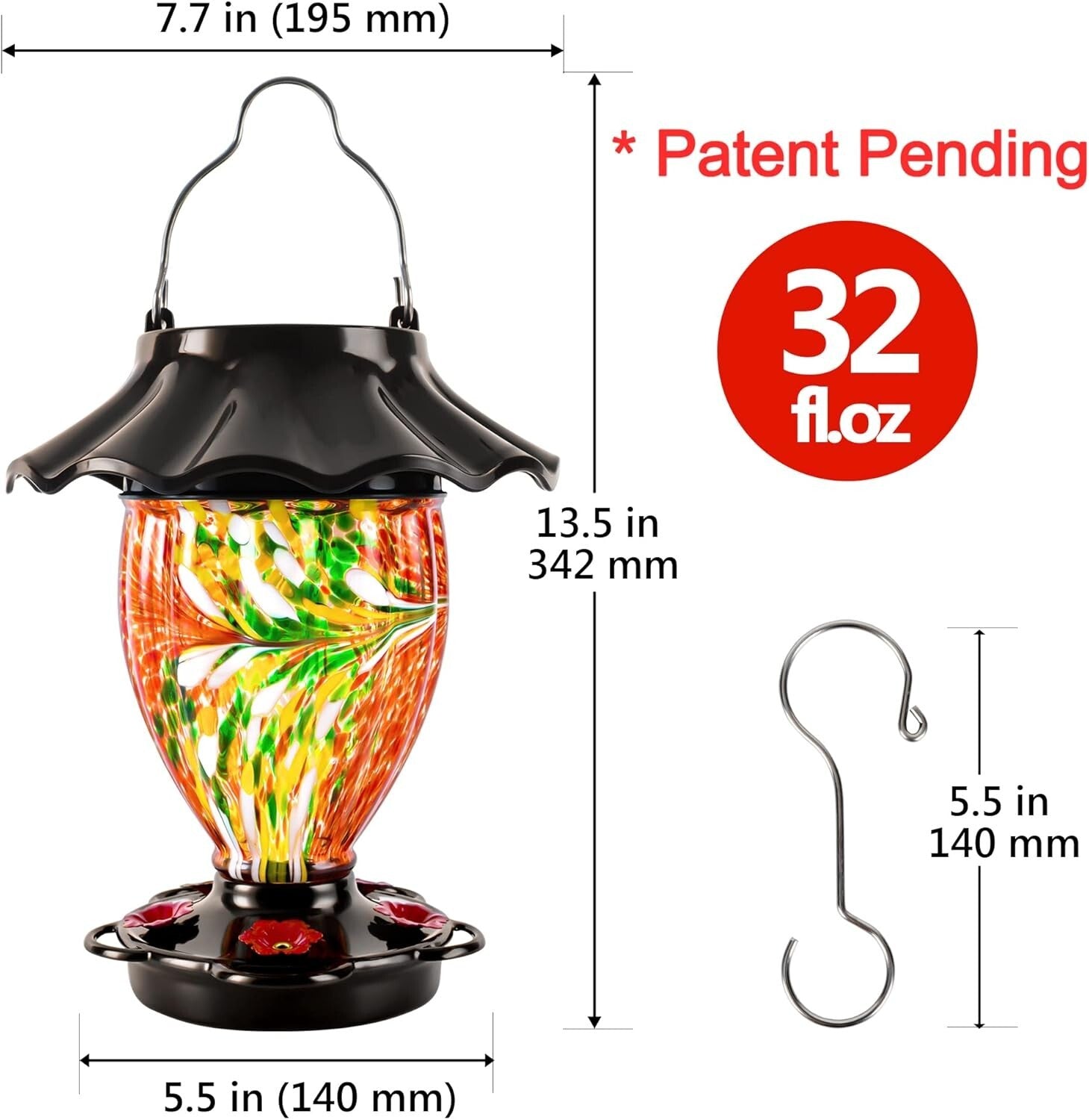 Elegant Hanging Solar Hummingbird Feeder - Durable Glass & Metal Design, 32 oz