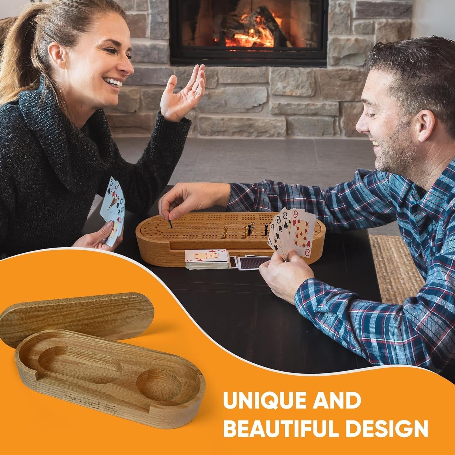 Luxury Oak Wood Cribbage Board Set - Complete with Cards, Pegs & Instructions