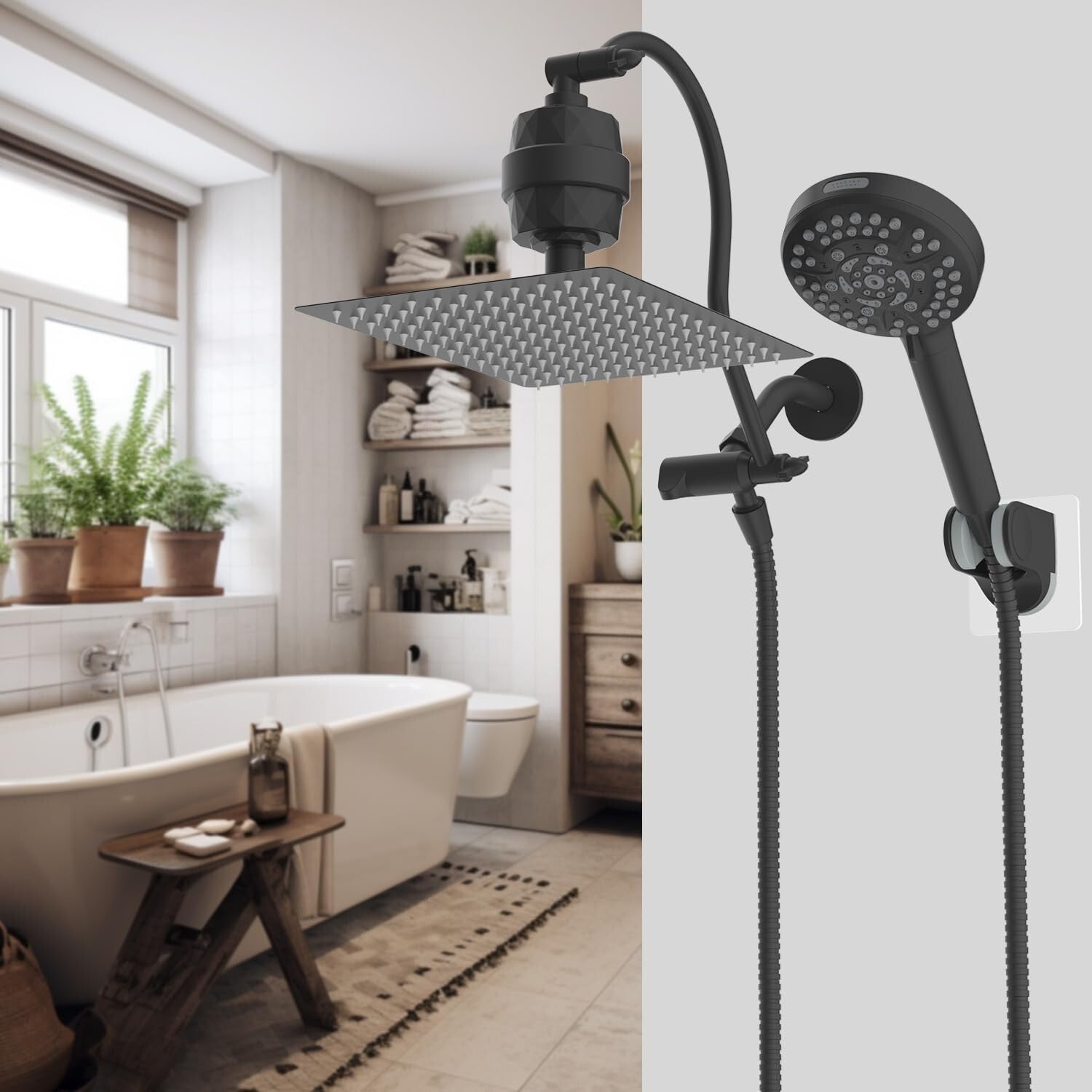 Dual Filtered Shower Head Set: 12'' Rainfall with Adjustable Arm & 10 Settings
