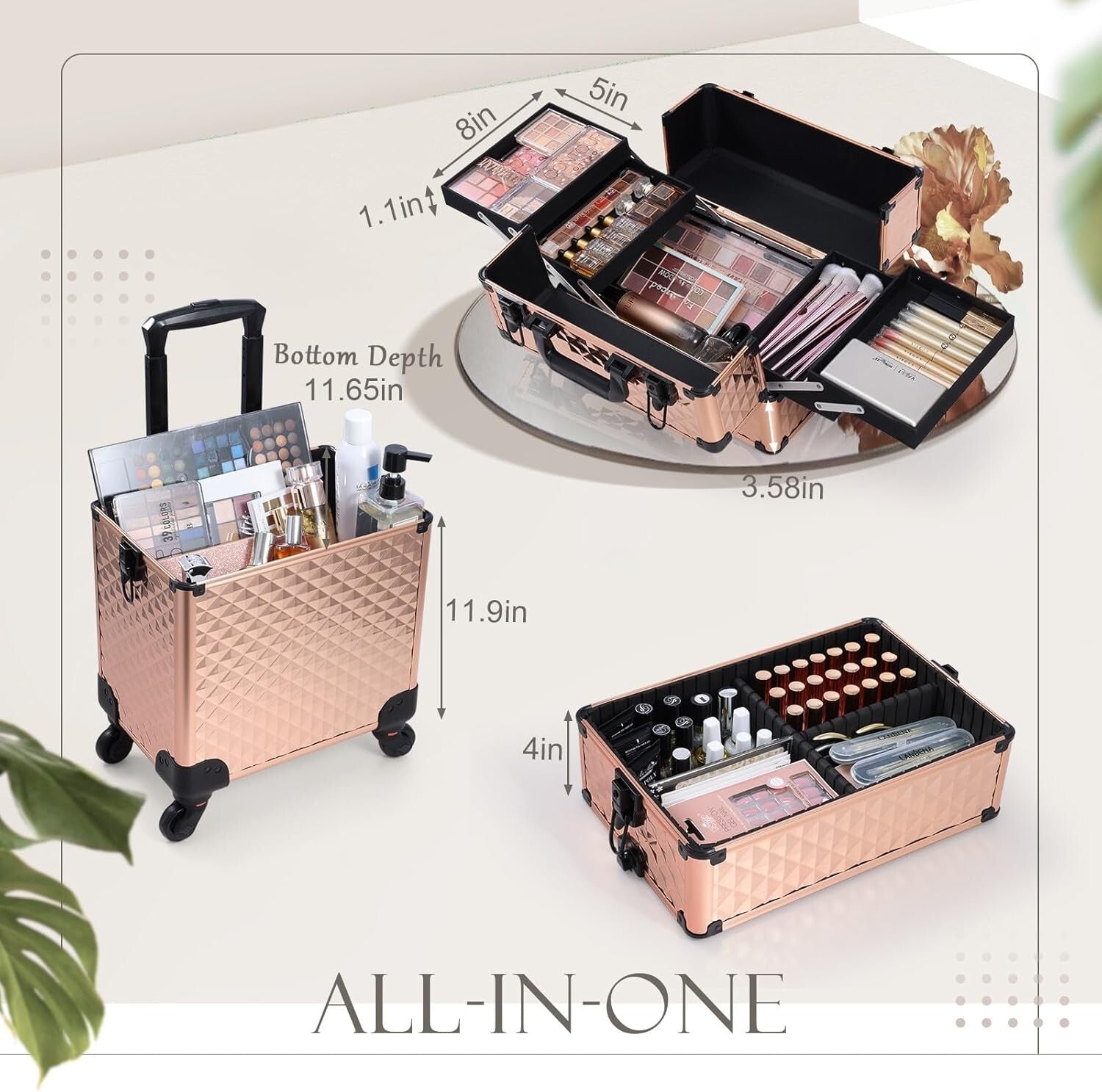 Diamond Pattern Cosmetic Rolling Case with Adjustable compartments & 4 Wheels