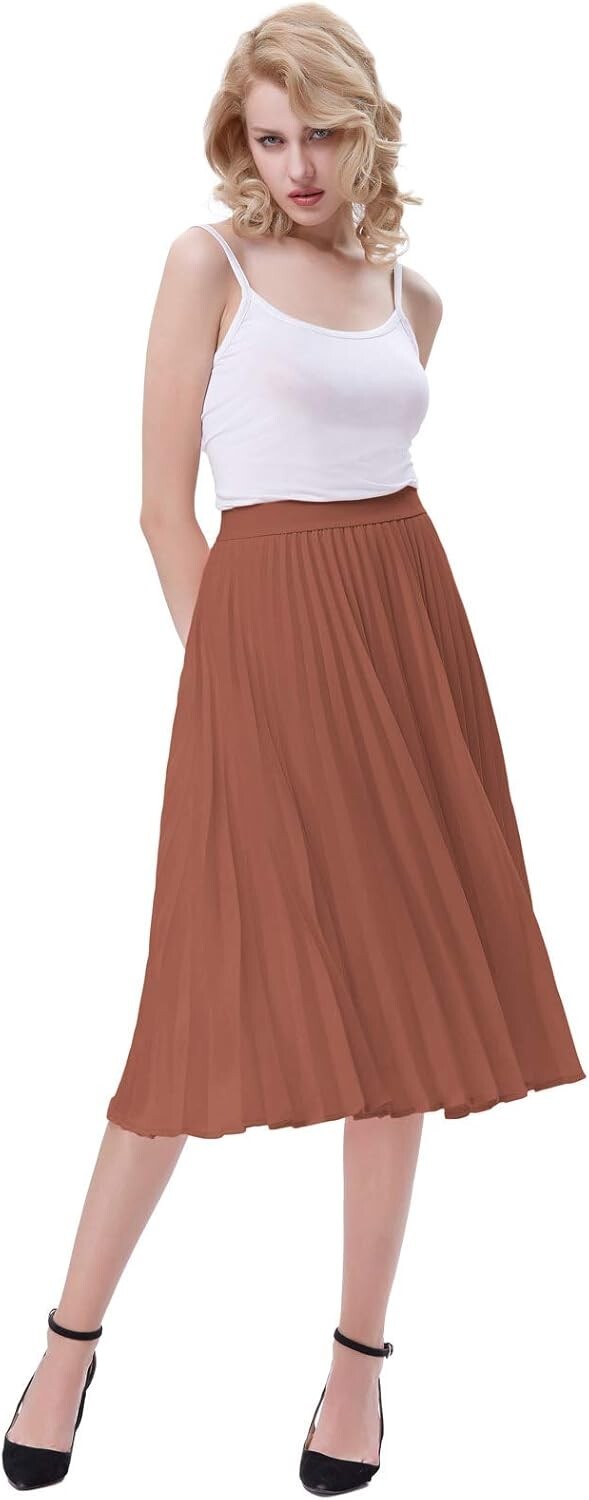Plus Size Women's High Waist Pleated A-Line Midi Skirt - Timeless Brown Elegance