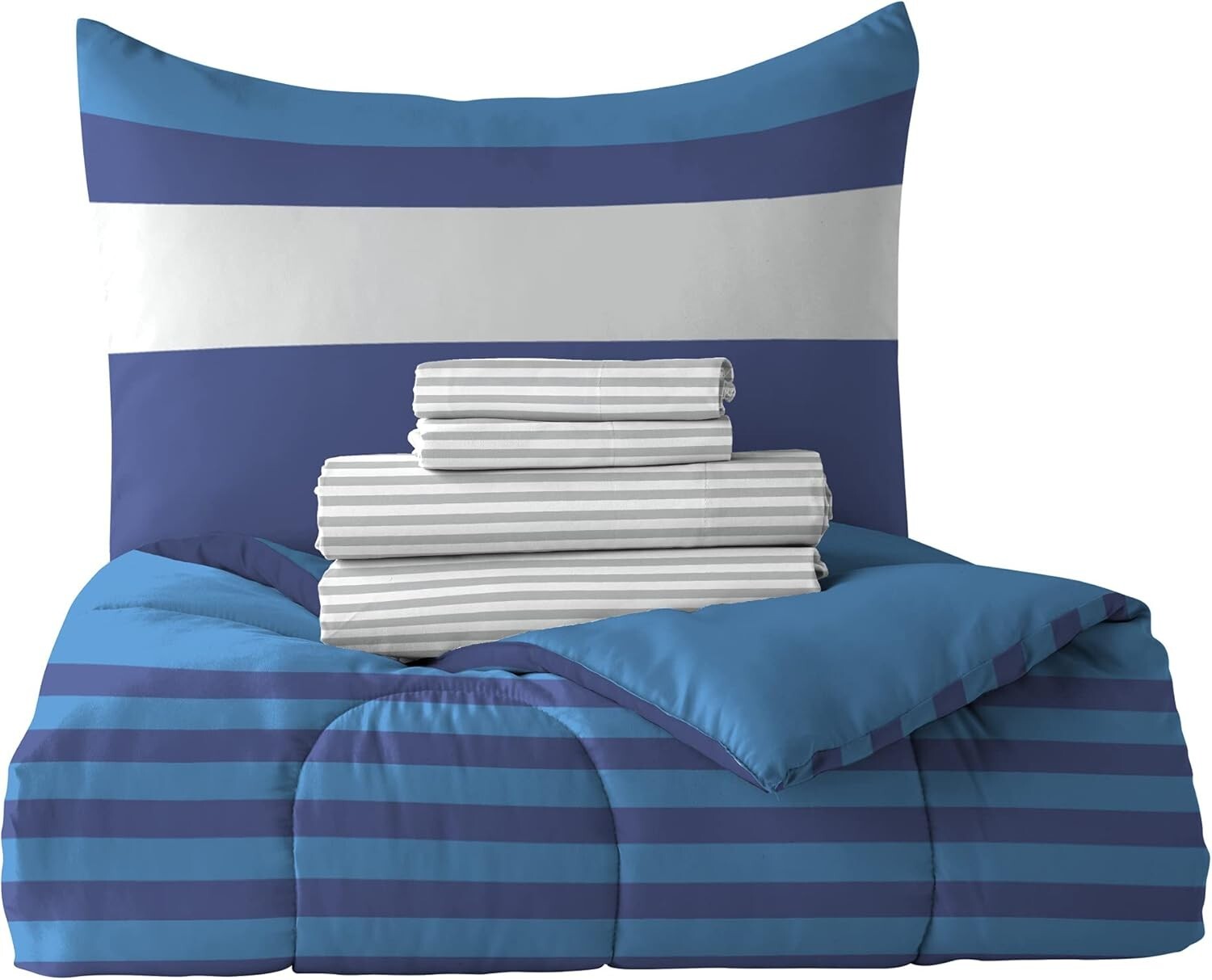 Cozy 7-Piece Full Bed Set with Rugby Stripe Comforter - Perfect for Kids' Rooms