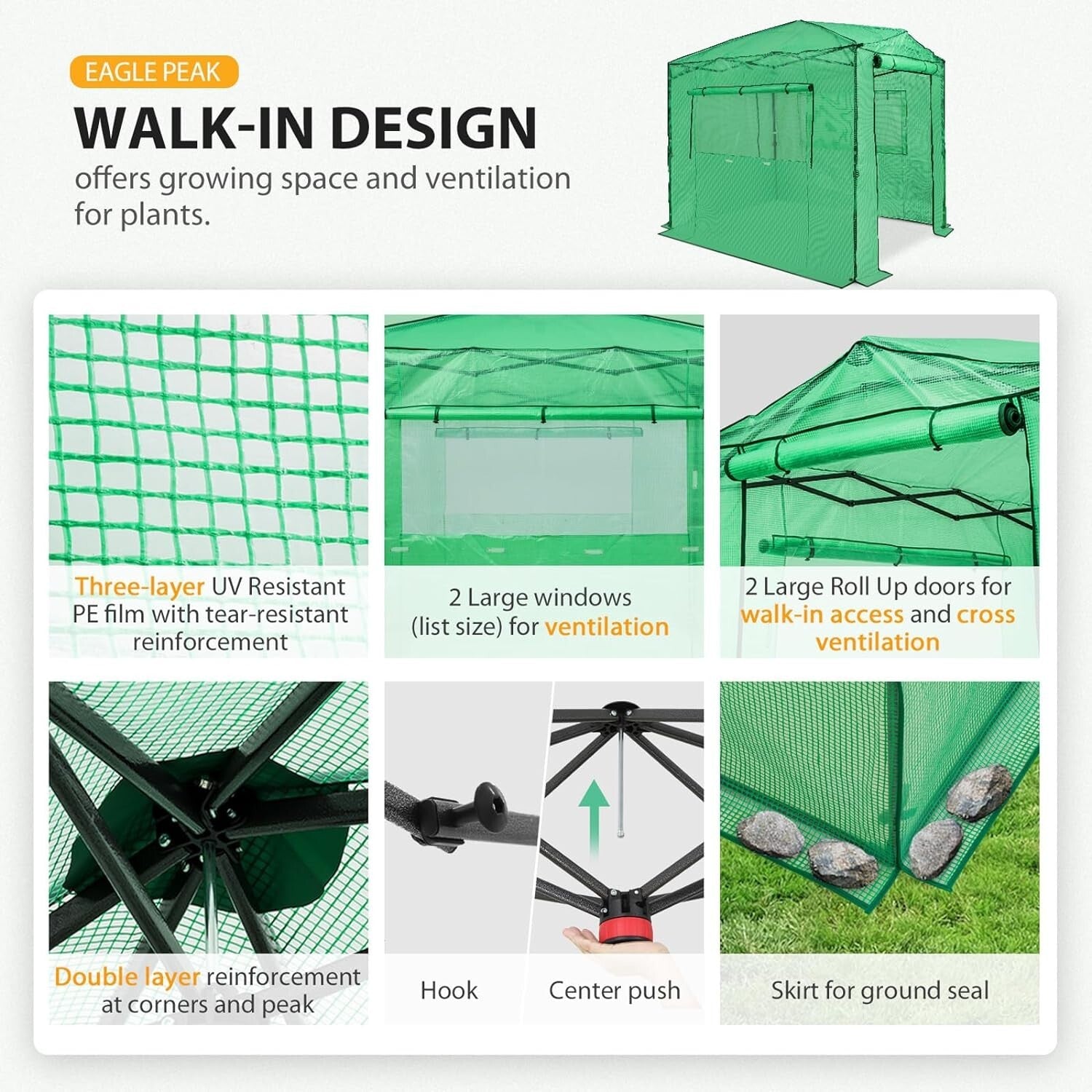 8x6 Portable Walk-In Greenhouse with Easy Setup, Zippered Doors, and Vents