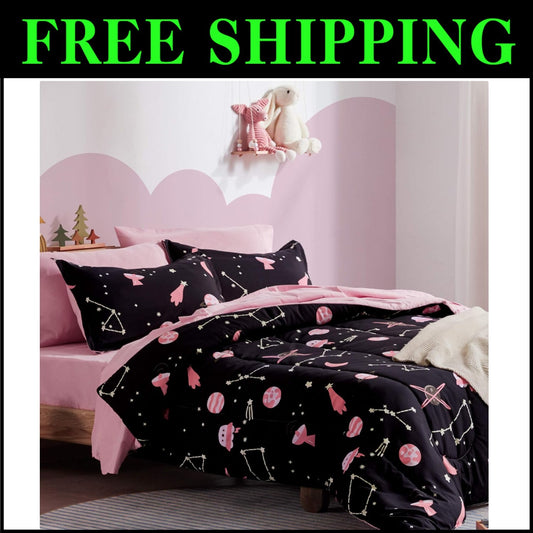 Cute Pink Galaxy Kids Twin Bedding Comforter Set - 5-Piece Ultra-Soft Collection