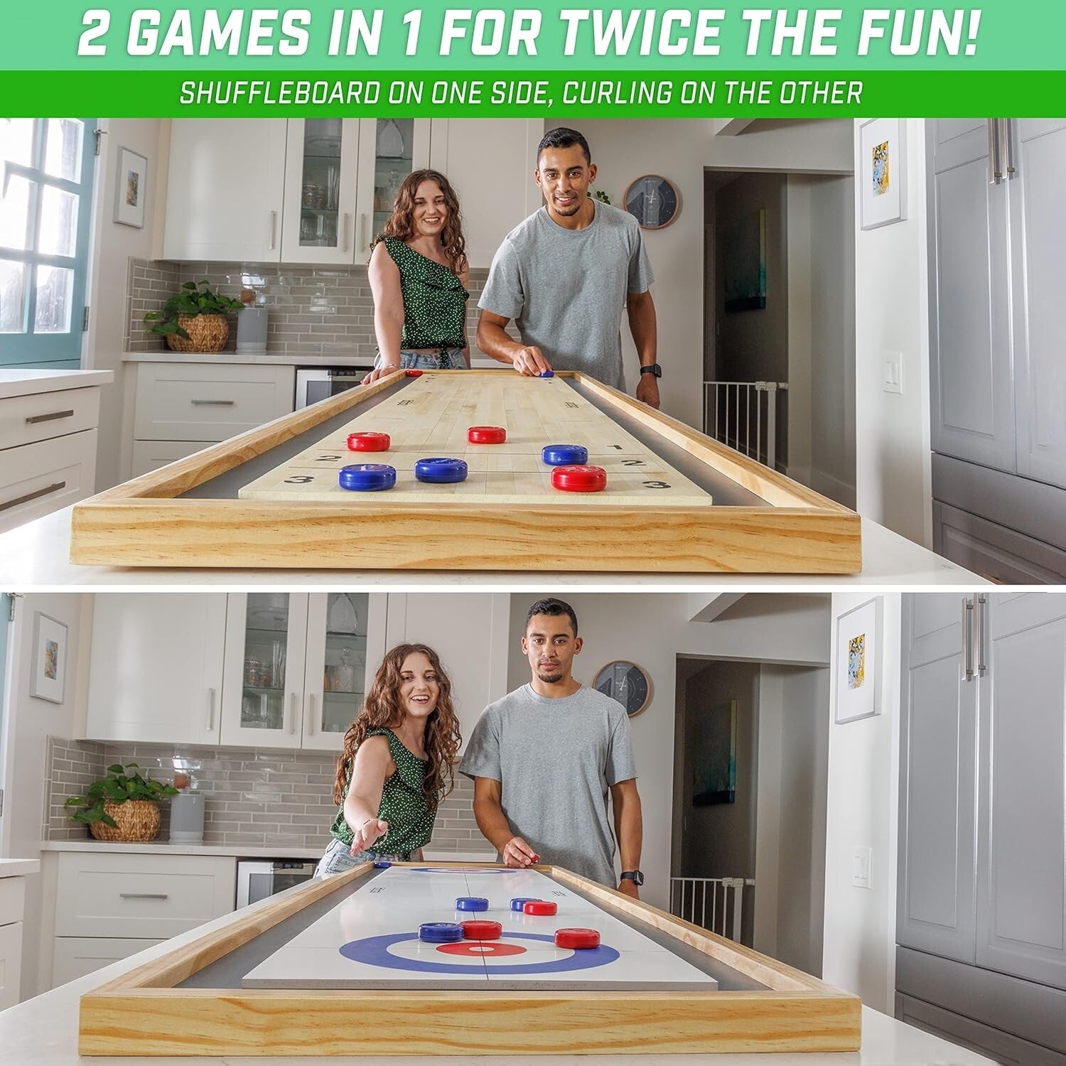 72-Inch Shuffleboard and Curling Board Combo - Durable Pine Wood Fun for All