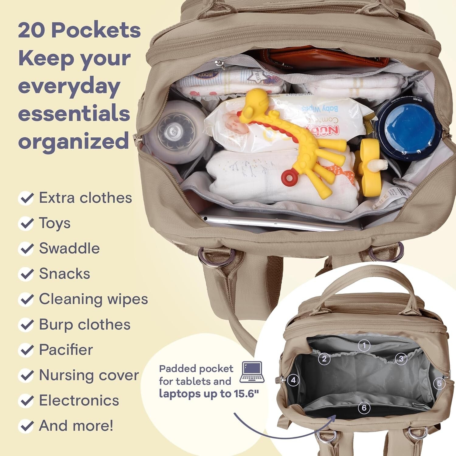 Stylish Waterproof Diaper Bag Backpack with Insulated Bottle Holders, Clay