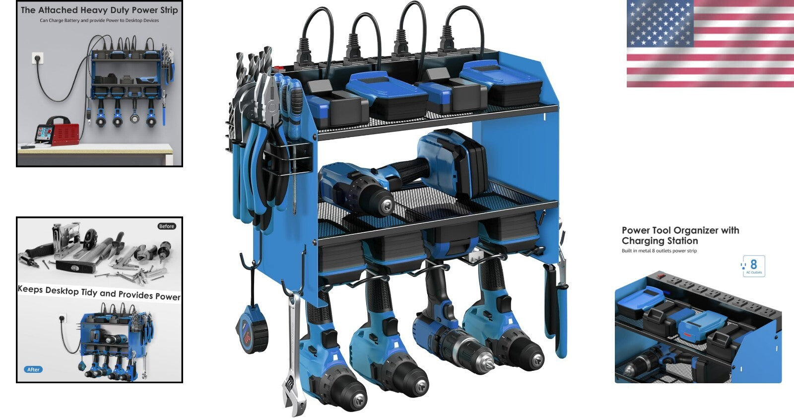 Efficient Garage Organizer: Power Tool Shelf with 8 Outlets & Drill Hook