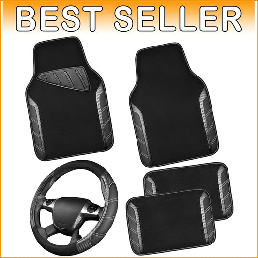 Carbon Fiber Black Steering Wheel Cover & Waterproof Car Mats for All Vehicles