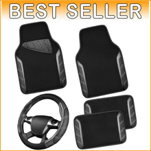 Load image into Gallery viewer, Carbon Fiber Black Steering Wheel Cover &amp; Waterproof Car Mats for All Vehicles